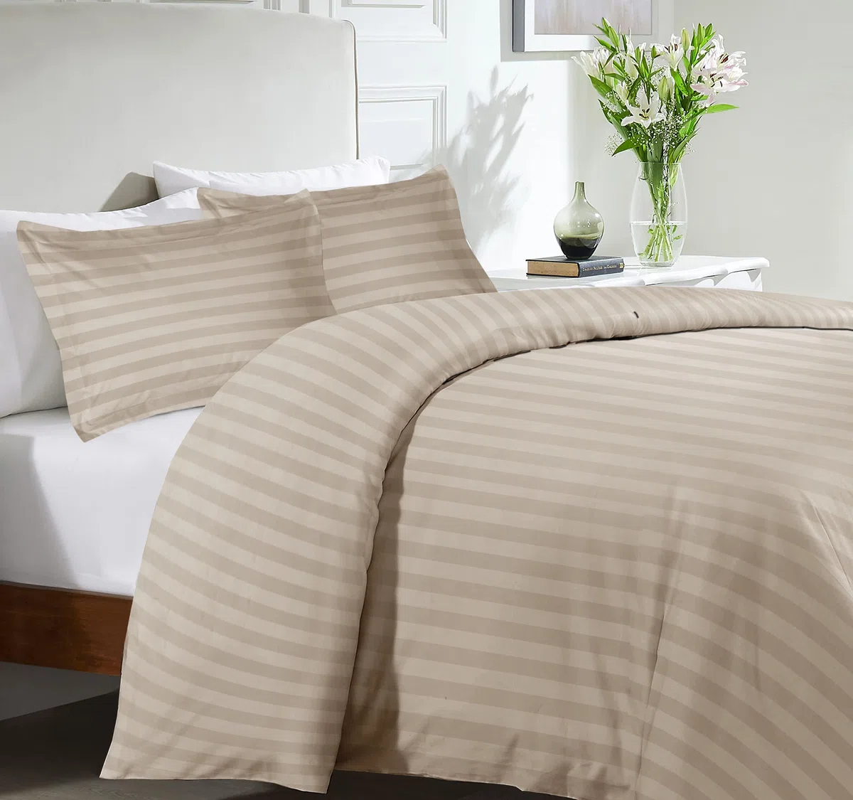 MOONLIGHT20015 Set con copripiumino reversibile per letto matrimoniale, a righe, in raso, set di biancheria da letto matrimoniale con 2 federe, morbido, ipoallergenico, copripiumino (beige, 200 x 200