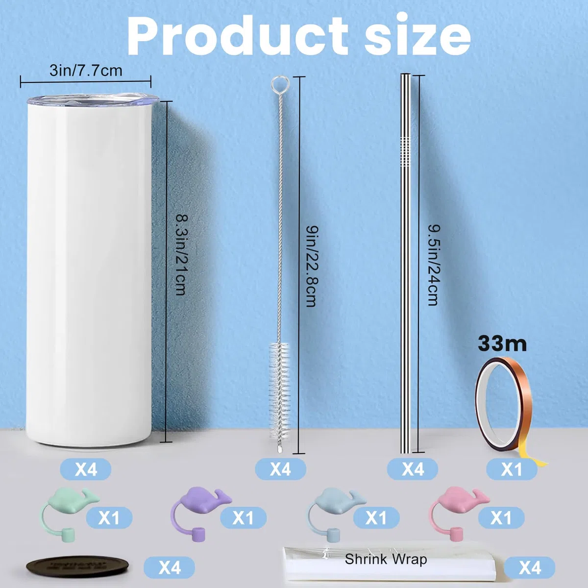 Bicchieri a sublimazione, sottili, dritti, da 590 ml, confezione da 4 pezzi, confezione regalo individuale, bicchieri isolati a doppia parete per trasferimento