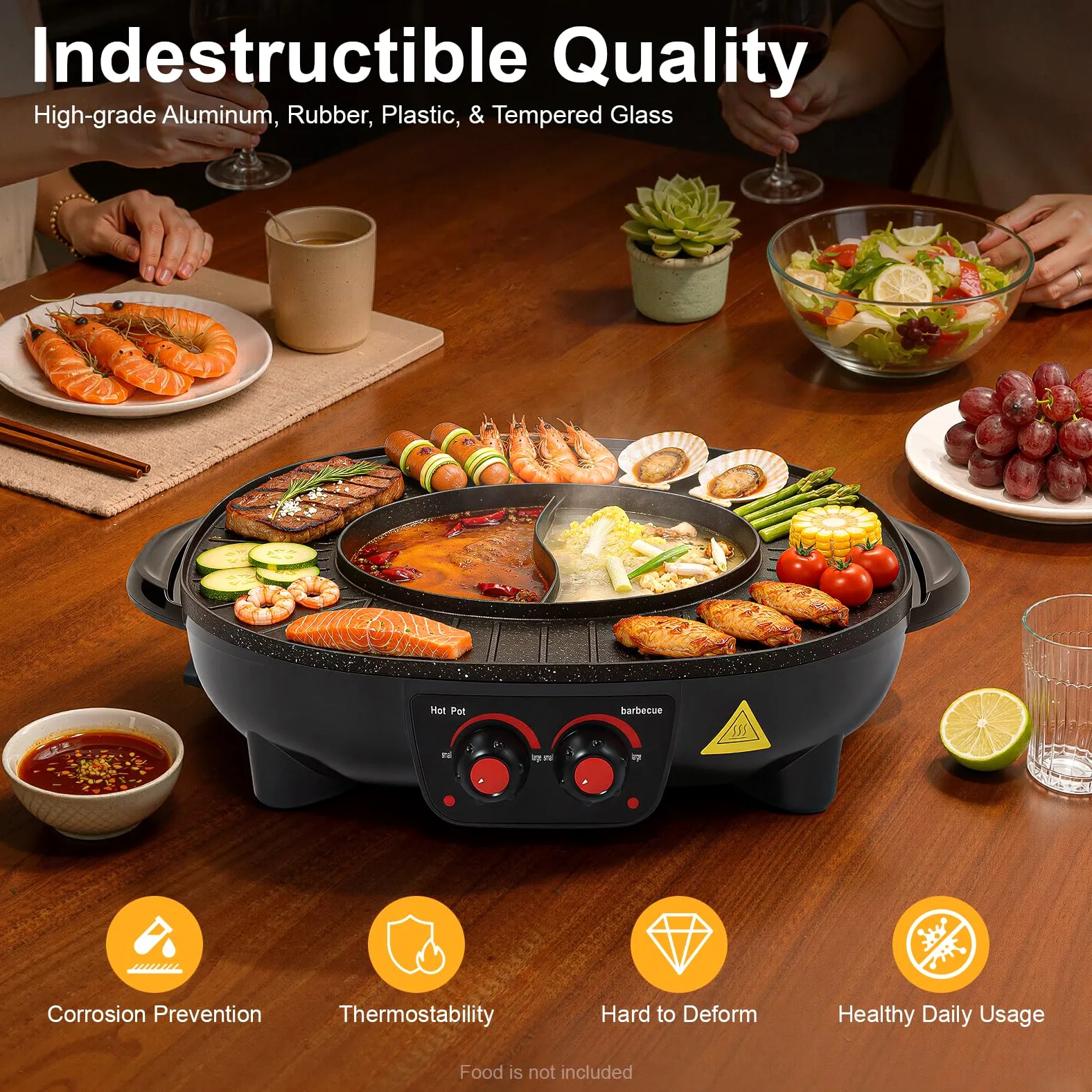 Electric Hot Pot e grill, 2000 W, padella elettrica multifunzione, capacità 3 l, con coperchio, manico del coperchio, per interni, coreano, barbecue, fonduta e raclette XXL, per 5-6 persone