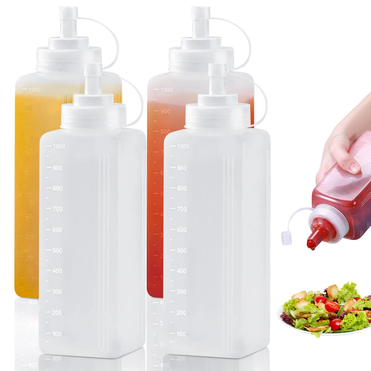 BORDEAG 4 bottiglie da spremere, bottiglia da 1000 ml con tappi, spremere Condiment, bottiglie vuote di plastica, bottiglie a spruzzo, salsa per ketchup, salsa, piccante, olio d'oliva