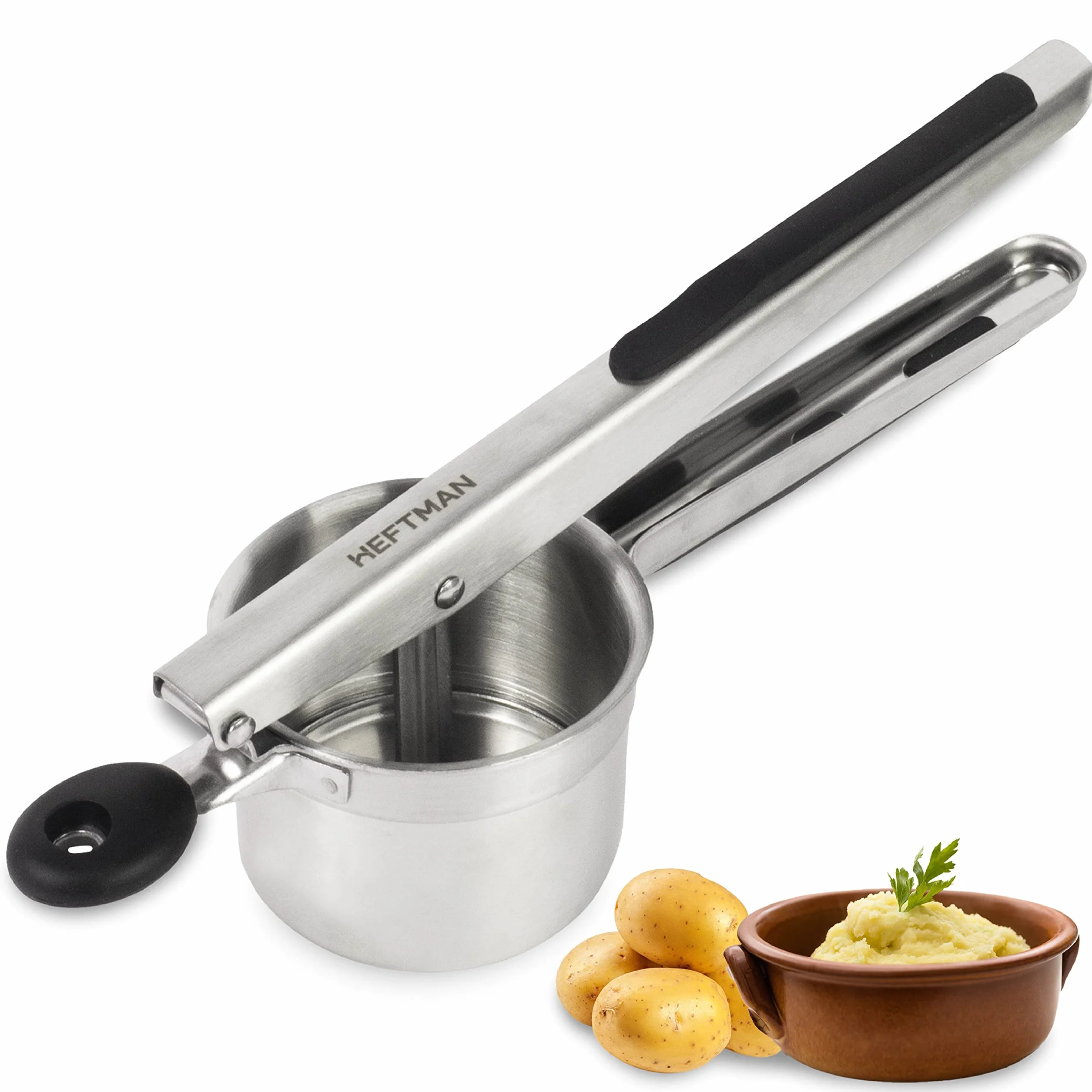 HEFTMAN Schiacciapatate - Schiacciapatate Acciaio Inox con Manici Ergonomici in Silicone, Schiaccia Verdure Manuale, Sciacciapatate per Alimenti per Bambini Frutta Verdura (Lavabile in Lavastoviglie)