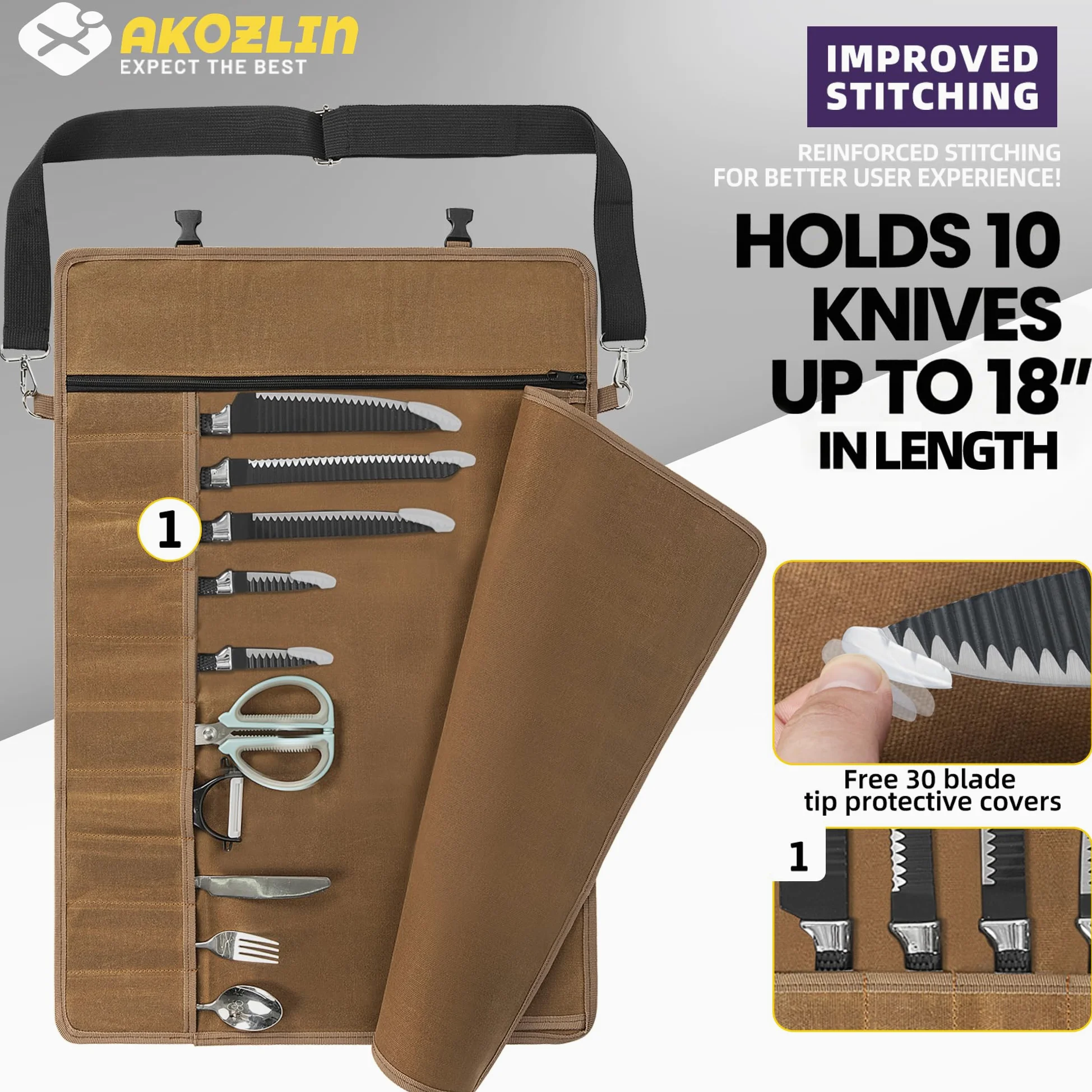 Akozlin Borsa portacoltelli da chef migliorata con 10 scomparti e 1 grande tasca con cerniera in tela cerata, portatile con cinghia regolabile e 30 protezioni per le punte dei coltelli, nero, marrone