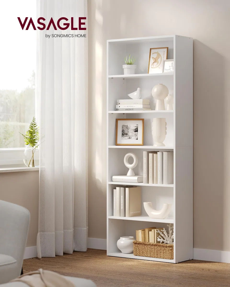 VASAGLE Scaffale a 6 Ripiani, Libreria, Scaffalatura Portaoggetti, Organizzatore con Scomparti, Ripiani Aperti e Regolabili, per Soggiorno, Ufficio, Camera da Letto, Bianco Nuvola LBC166T14