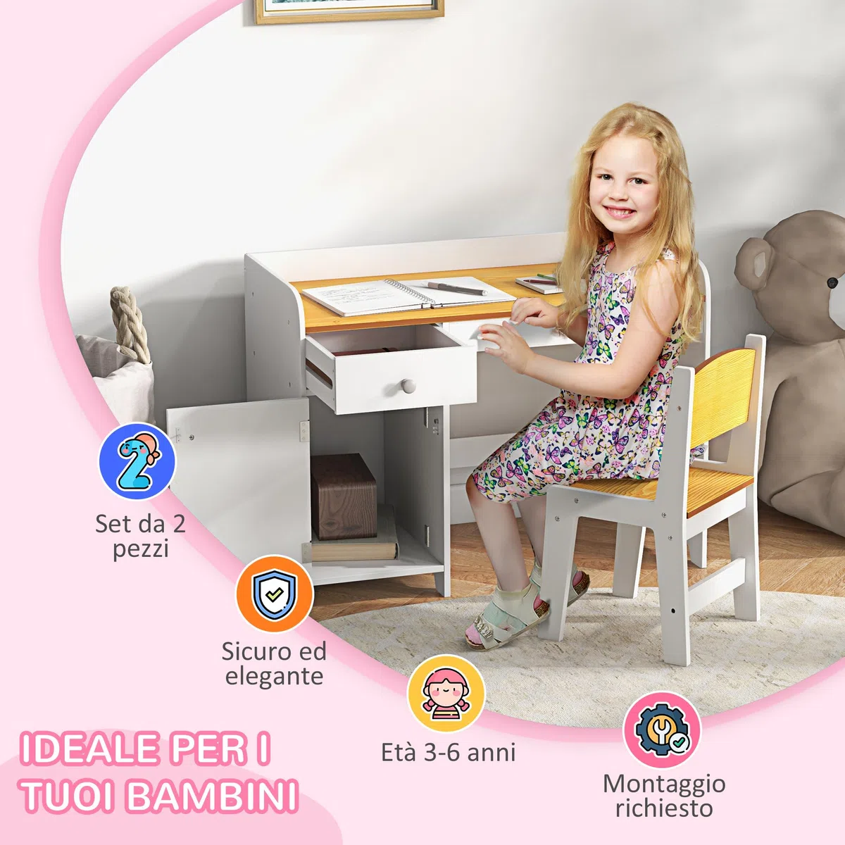 ZONEKIZ Tavolo Scrivania per Bambini con Sedia, Banco Scuola per Bambini da 3 a 6 Anni in Legno con Cassetto e Seggiola Abbinata, Bianco