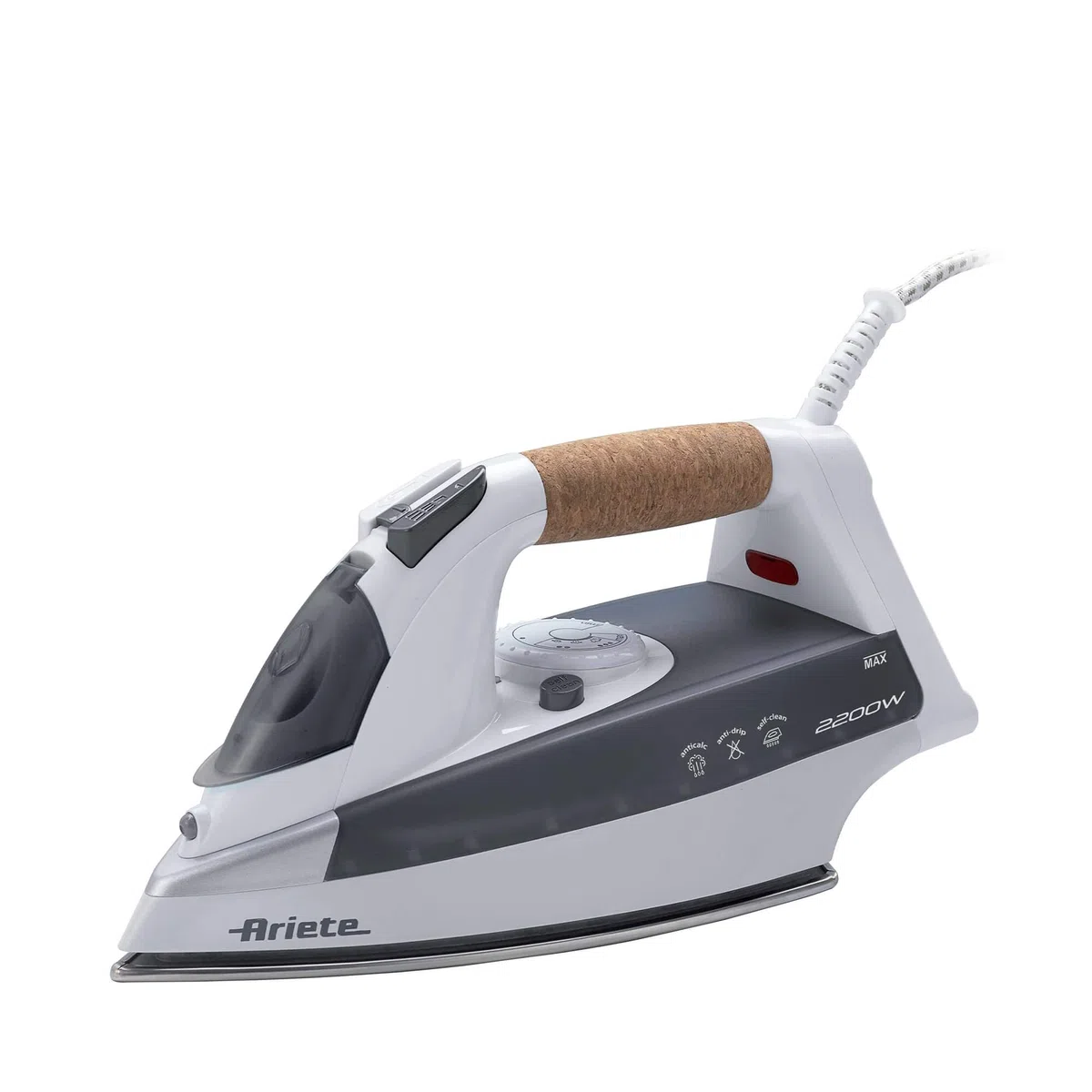 Ariete Steam Iron 6232 Grey - Ferro da stiro con piastra Acciaio Inox - manico in sughero - colpo vapore 140g - serbatoio 300 ml - 2200 Watt - Bianco e grigio