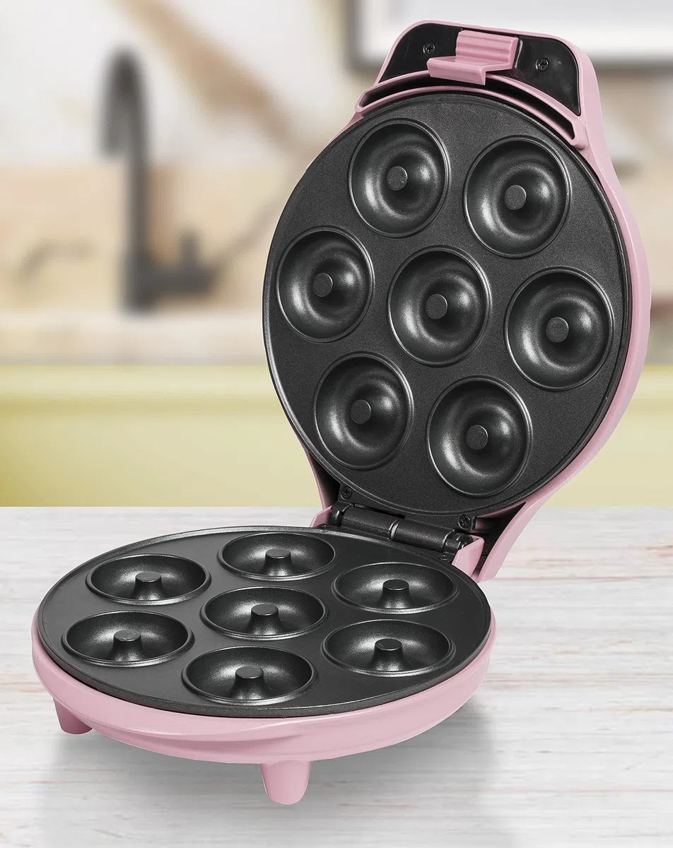 Bestron macchina per ciambelle elettrica, Donut Maker per 7 ciambelle piccole, incl. antiaderente & indicatoro luminso, 700 watt, colore: Rosa