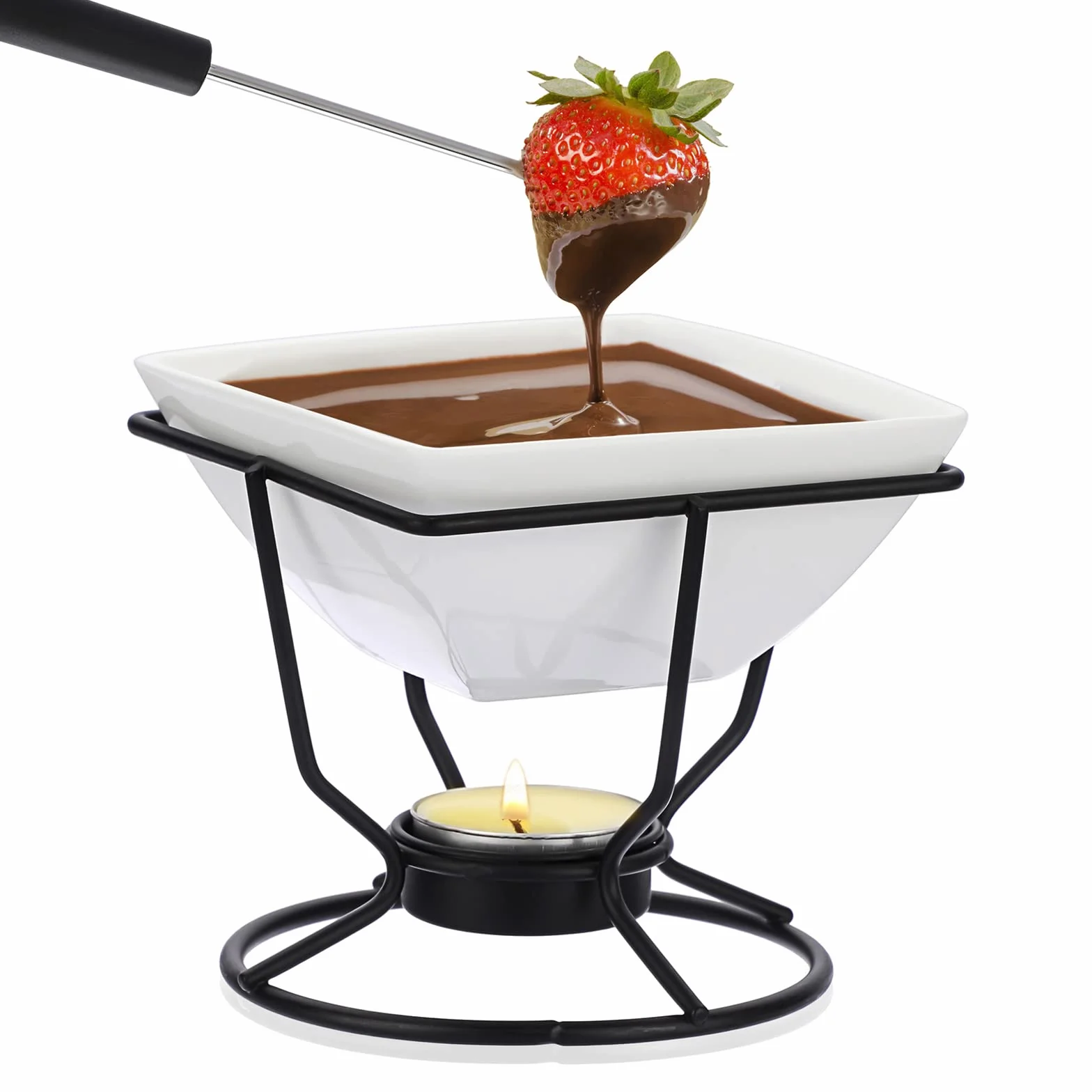 SUMNACON Set di pentole in ceramica con 2 forchette di cioccolato, fonduta di formaggio, fonduta per cioccolato, formaggio, fonduta, cena di famiglia, dessert, feste di vacanza, bianco quadrato