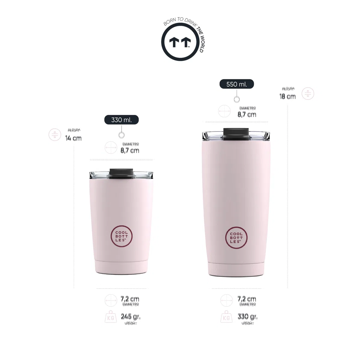 Cool Bottles - Tumbler - Bicchiere Termico in Acciaio Inossidabile - 550 ml - Pastel Pink - Tazza da Caffè - Coperchio Ermetico - Bevande Fredde 10 ore e Calde 5 ore - Finitura Antimacchia