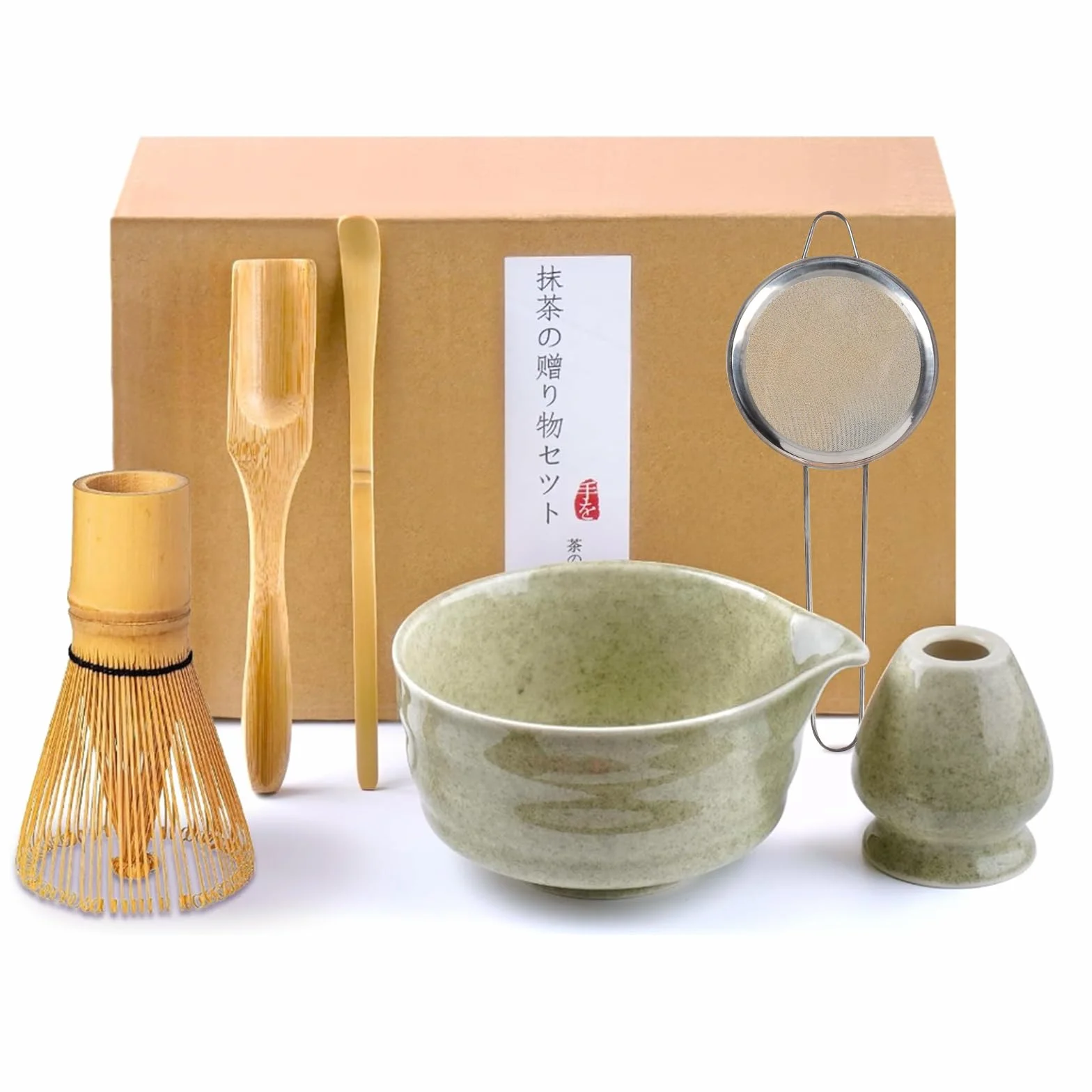 Matcha Kit, Matcha Set da 6 Pezzi con Frusta per Matcha, Ciotola per Matcha, Filtro per Matcha, 2 Cucchiaio e Supporto in Ceramica, Set Matcha Ideale per la Preparazione del Tè Matcha (A)