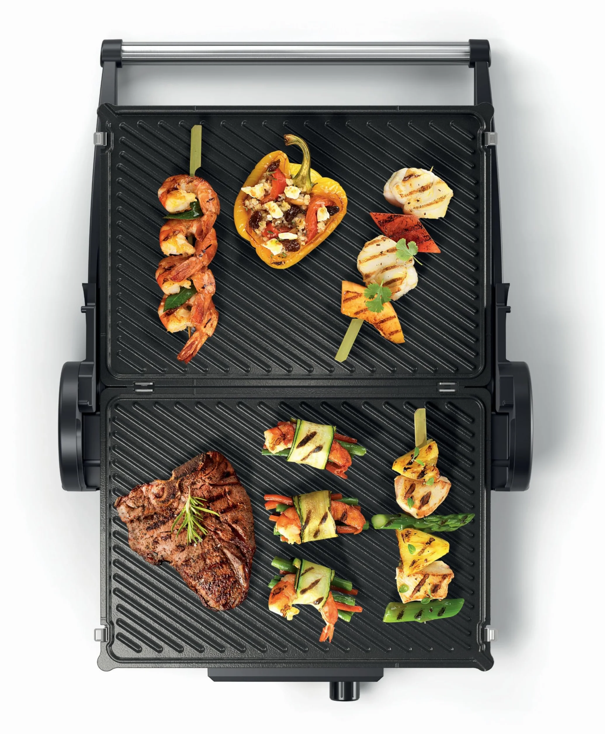 Bosch Bistecchiera TCG4104, 3 Posizioni di Cottura, 5 Livelli di temperatura, 2000W, Piastre Grill in Alluminio Rimovibili e Lavabili in Lavastoviglie, Rivestimento Ceramico Antiaderente, Rosso