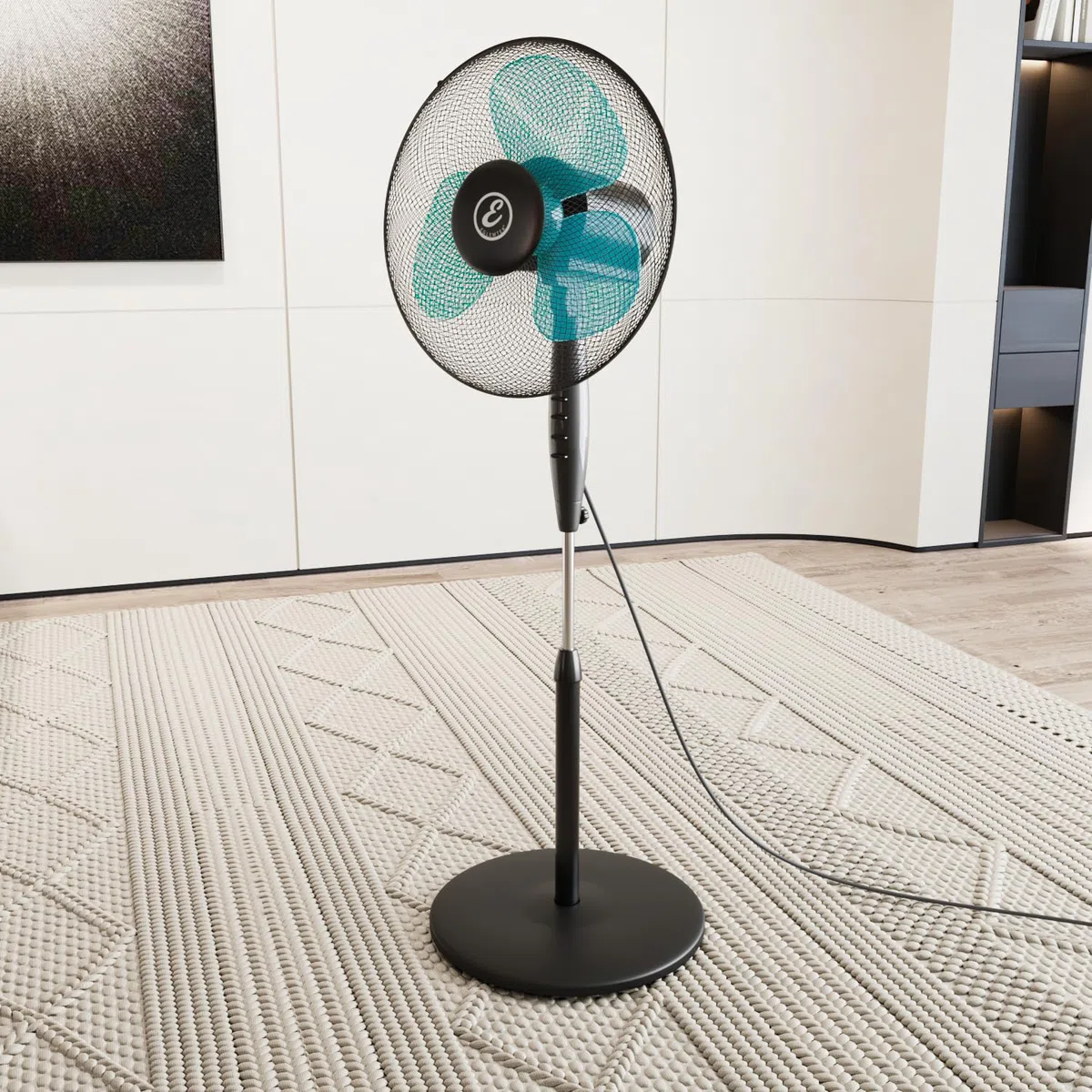 Bricozone Ventilatore a Piantana per Pavimento Potente da 50W con Pale da 40 cm Silenzioso Colore Nero e Azzurro 3 Velocità Oscillante Altezza e Inclinazione Regolabili Griglia di Protezione