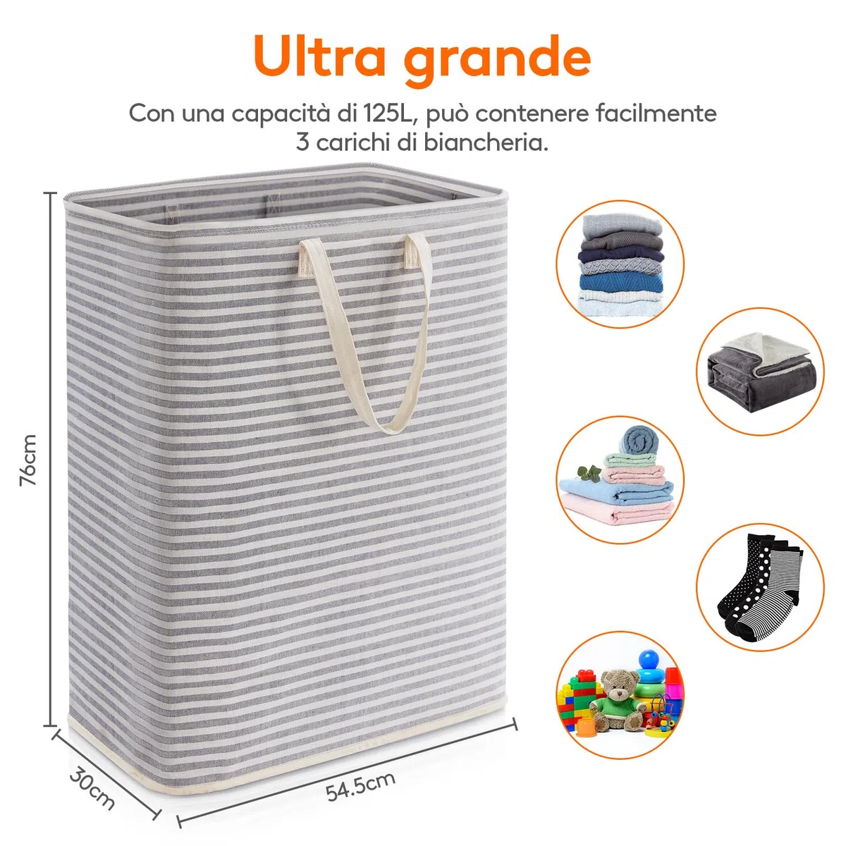 Lifewit Cesto Portabiancheria, Grande Cesta Portabiancheria Pieghevole con Manici Allungati, Portabiancheria Sporca, Laundry Basket per Vestiti, Asciugamani, Coperte, Grigio, 125 L