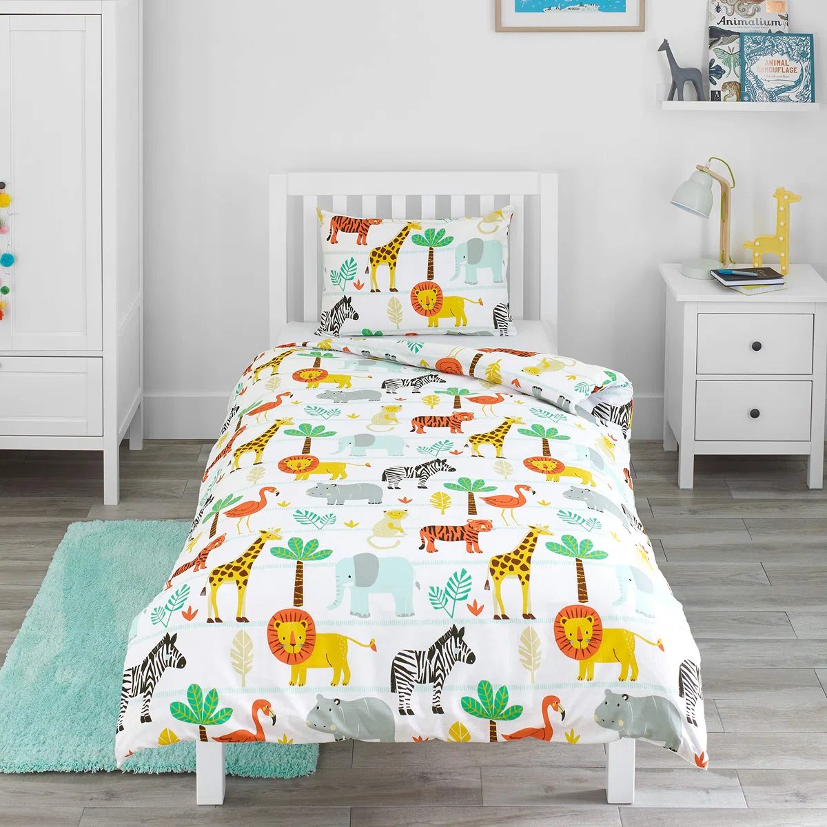 Bloomsbury Mill - Set Copripiumino Singolo Animali del Safari e Giungla - Lenzuola Letto Singolo Reversibile Per Ragazzi e Ragazee - Set di biancheria da letto per bambini - 135 x 200 cm e Federe