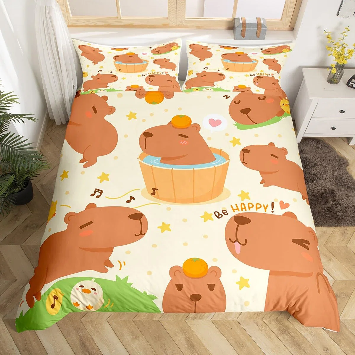 Homemissing Set di Biancheria da Letto con Motivo Cartone Animato di Capybara, Copripiumino Marrone Divertente e Carino per Bambini, Ragazzi e Ragazze, Copripiumino con Stampa di Capybara Floreale