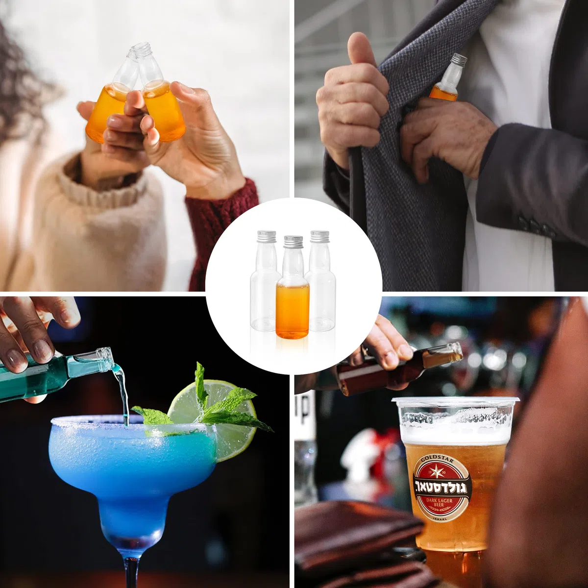Confezione da 50 mini bottiglie per liquore, 60 ml di plastica con tappo a vite, riutilizzabili piccole bottiglie di liquore per matrimoni, feste, viaggi