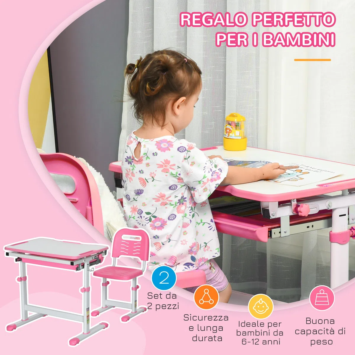 HOMCOM Banco Scuola per Bambini 6-12 Anni Regolabili in Altezza, Set Scrivania e Sedia per Bambini con Piano Inclinabile 45°, Cassetto, 2 Portapenne e Gancio, Rosa