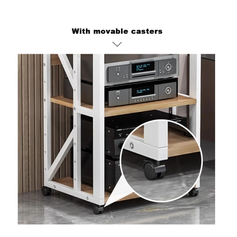 Supporto multimediale AV, Rack Audio Mobile, Rack Stereo a 3, 4 e 5 Livelli con Ruote, mobiletto portaoggetti con Altezza Regolabile, mobiletto Porta componenti Aperto HiFi (Nero, 5 Livelli)