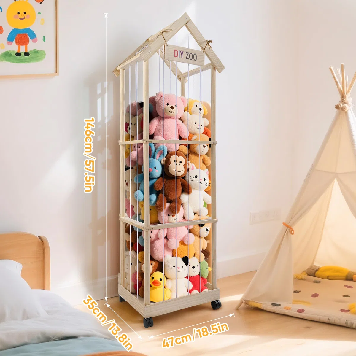 Contenitore per Animali di Peluche, 146x47x35CM con Ruote Girevoli Bloccabili a 360 Gradi per Cameretta dei Bambini, Soggiorno, Cameretta dei Bambini