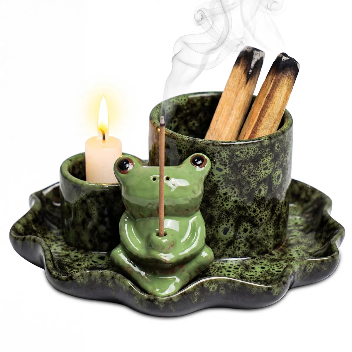 ZONSUSE Bruciatore di Incenso Rana Multifunzionale 4 in 1 con Vassoio Foglia di Loto, Porta Salvia, Palo Santo, Bastoncini e Coni in Ceramica, Decorazione Yoga & Meditazione (Rana Verde Loto)