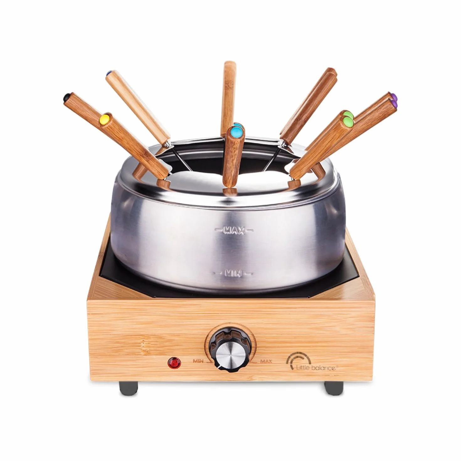 LITTLE BALANCE 8320 Wood Fondue 8 Inox – Apparecchio per fonduta 8 persone – Caquelon Inox antiaderente grande capacità 2 litri – Potenza 800 W – Finitura in vero bambù