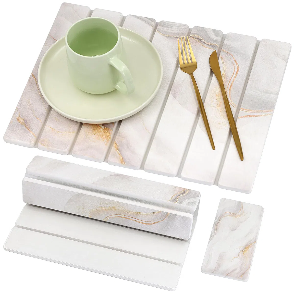 Tappetino Scolapiatti in Diatomite 40 x 30 cm, Tappetino Scolapiatti Assorbente Cucina, Assorbente e Asciugatura Rapida (Bianco Oro, con Porta Saponetta)