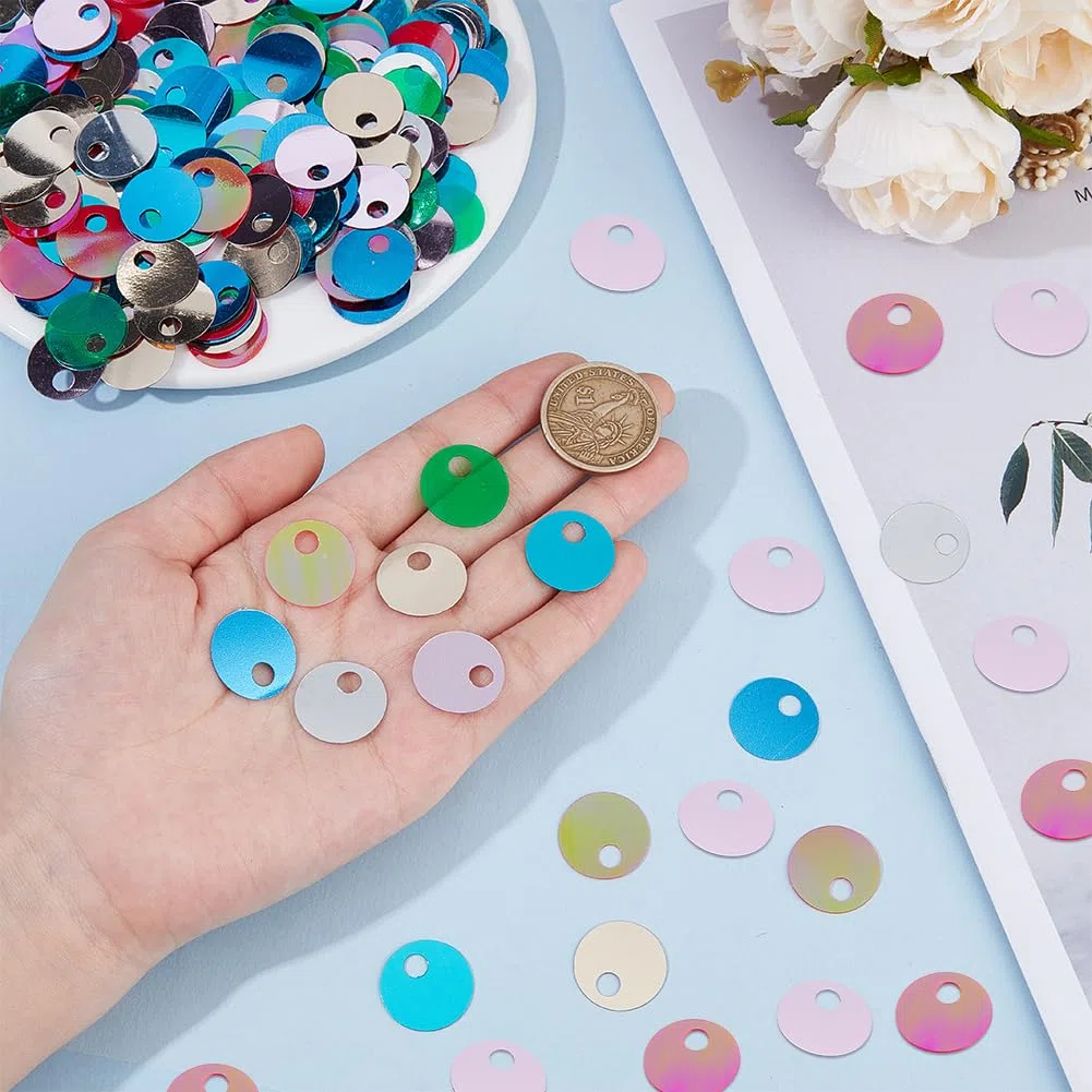 OLYCRAFT 2100 paillettes con foro grande, 19 mm, 7 colori, rotonde, piatte, sciolte, rotonde, paillettes, lustrini glitterati, lustrini iridescenti, per fai da te, cucito, ricamo, foro da 5 mm