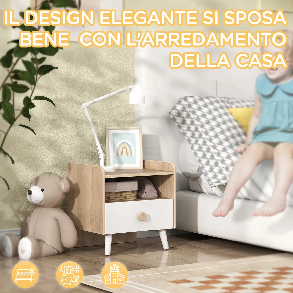 AIYAPLAY Comodino con Cassetto per Bambini 3-10 Anni dal Design Minimal, Comodino per Camera da Letto in MDF e Legno di Pino, 40x32.5x40 cm, Bianco e Legno Naturale