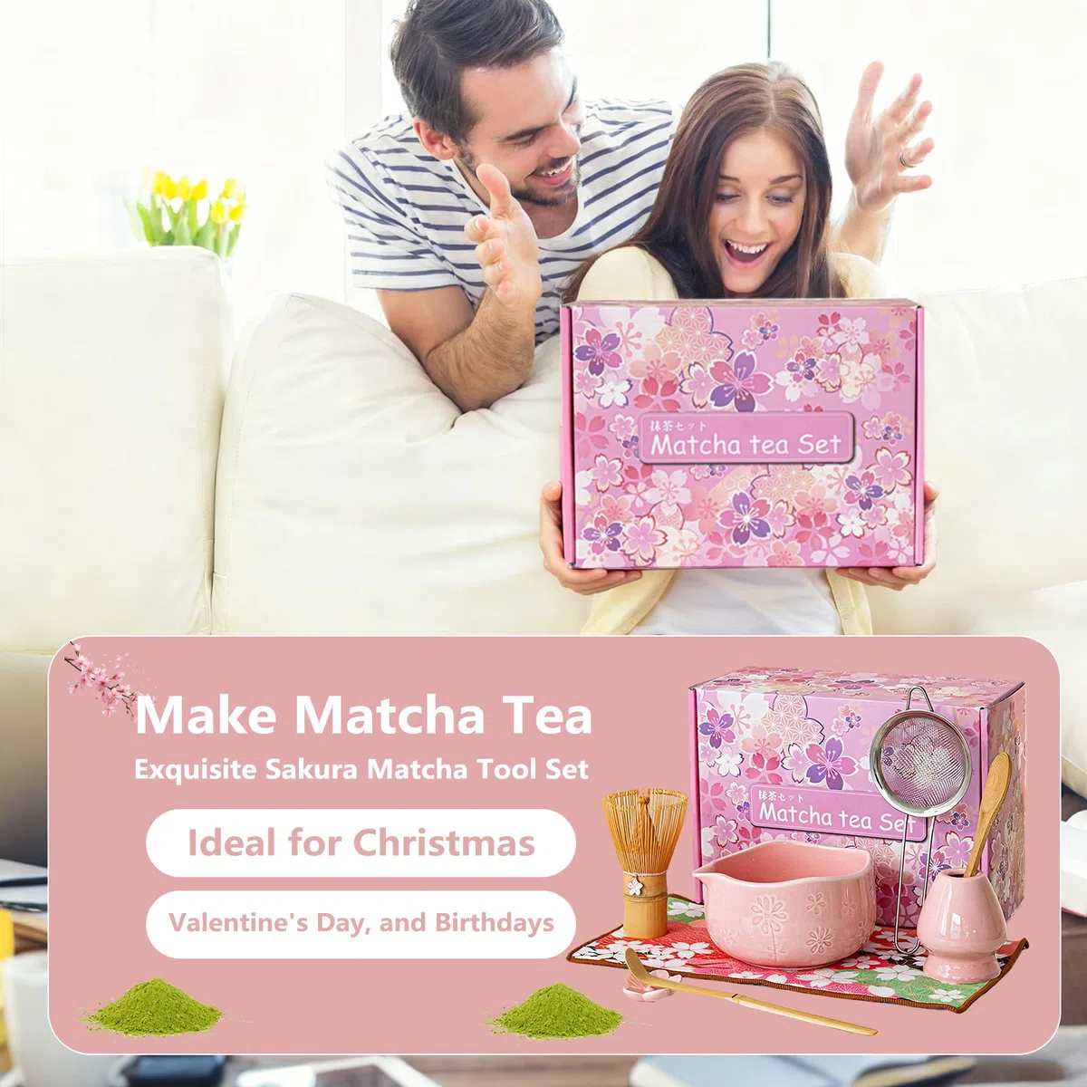 Matcha Set di 8 pezzi Macha Tea con scopa, filtro filtro, ciotola, cucchiaio, tappetino per asciugamano da tè, set regalo per la preparazione tradizionale matcha (verde) (rosa)
