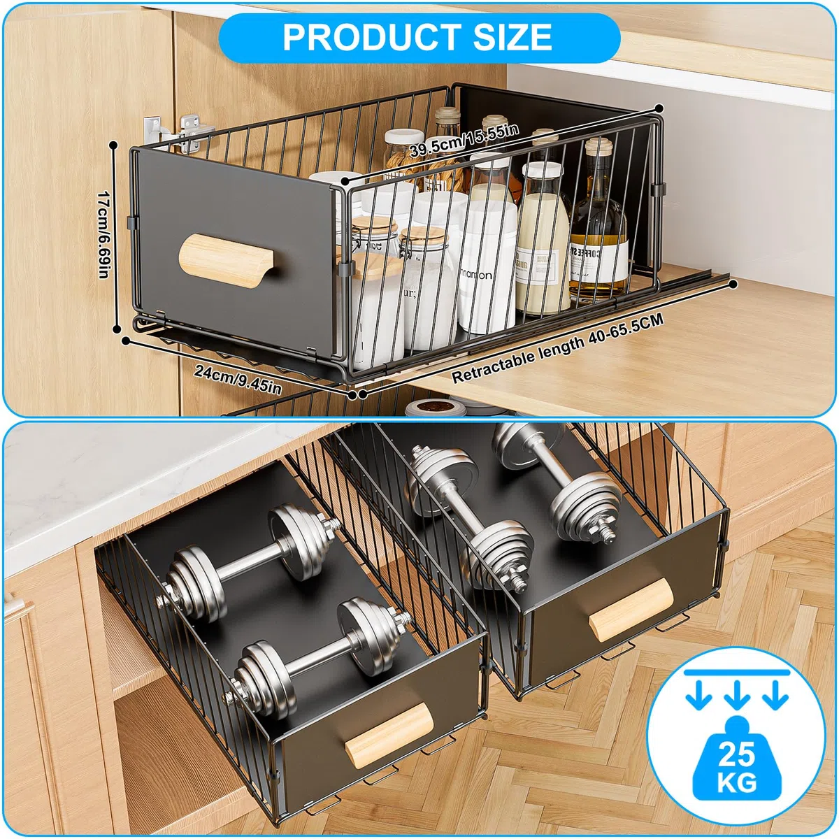 Diealles Shine Cassetto Estraibile Cucina, 24x40x17CM Cassetti Scorrevoli per Cucina, Senza Bisogno di Trapano Cassetto Telescopico per Armadi