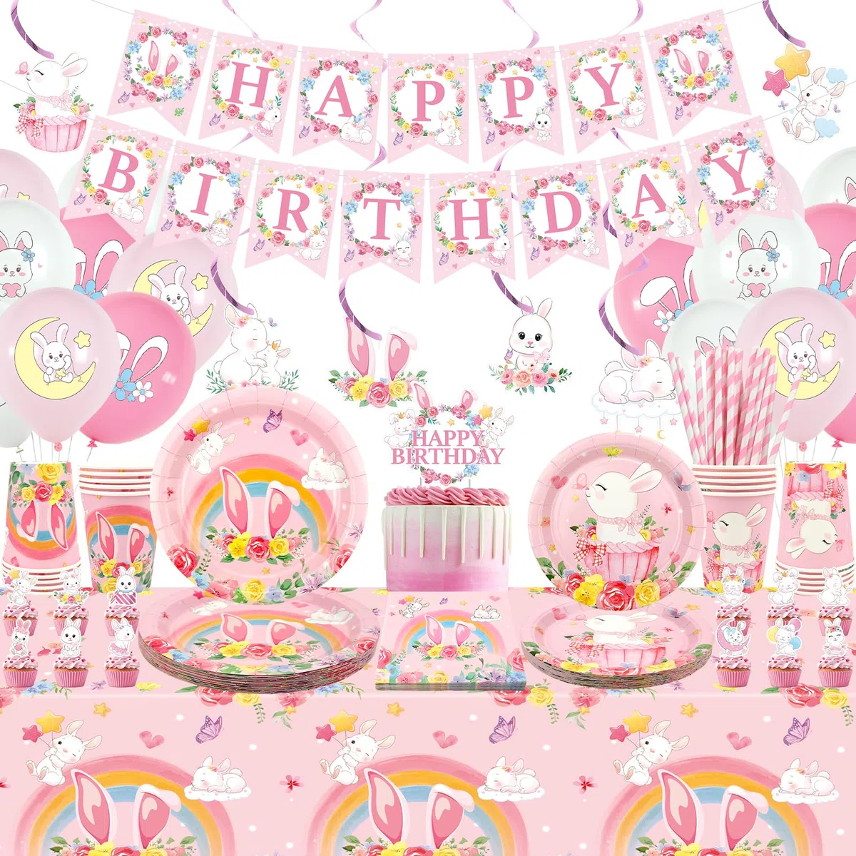 Bunny Decorazioni per feste di compleanno – Accessori per feste con coniglio tra cui striscioni, piatti, decorazioni per torte, bicchieri, tovaglioli, palloncini, tovaglie, per 20 persone (LQ
