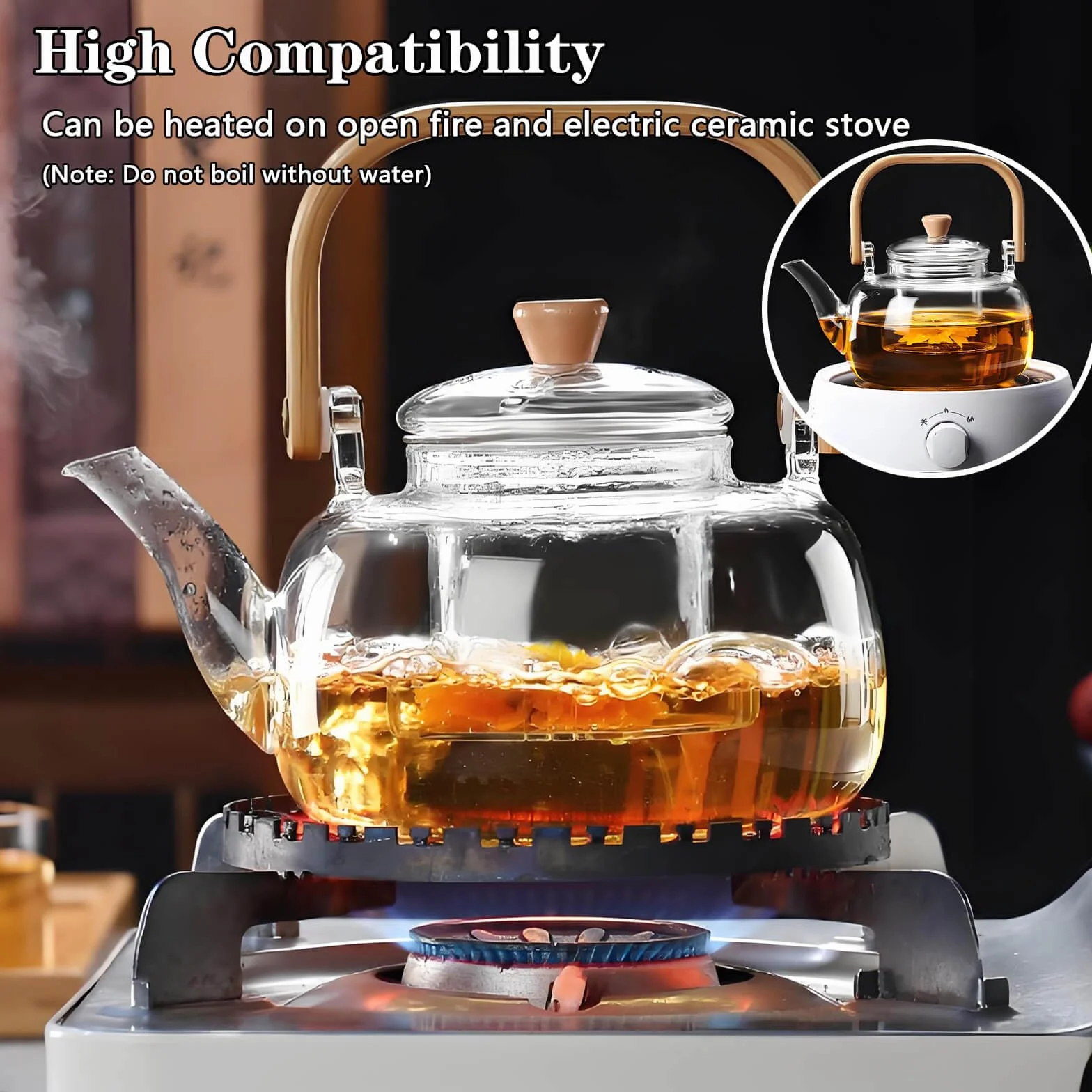 DxxD Teiera in Vetro Resistente 1000ml con Infusore Integrato Removibile, Coperchio di Vetro, Compatibile con Fornelli per Tè, Tisane, Caffè, Sfuso, Senza Gocce