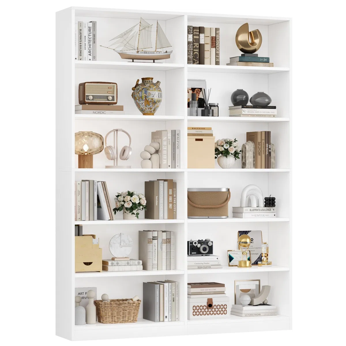 FirFurd Libreria bianca a 6 ripiani per soggiorno con 12 scomparti aperti, scaffale autoportante per casa, ufficio, 120 x 30 x 188,7 cm