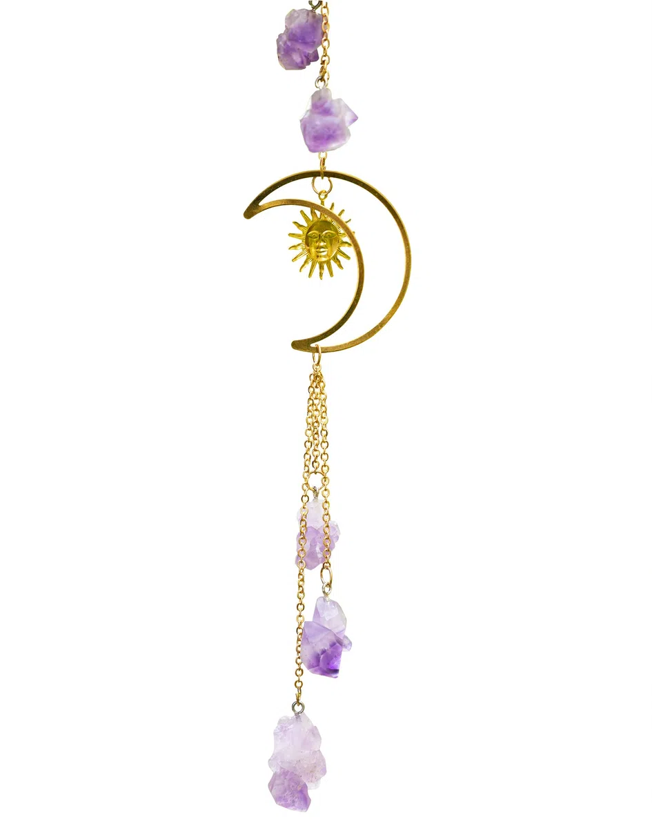 Cristallo curativo 1 pz ametista naturale pietra grezza campanelli a vento oro luna e sole acchiappasogni ornamenti interni decorazione camera da letto