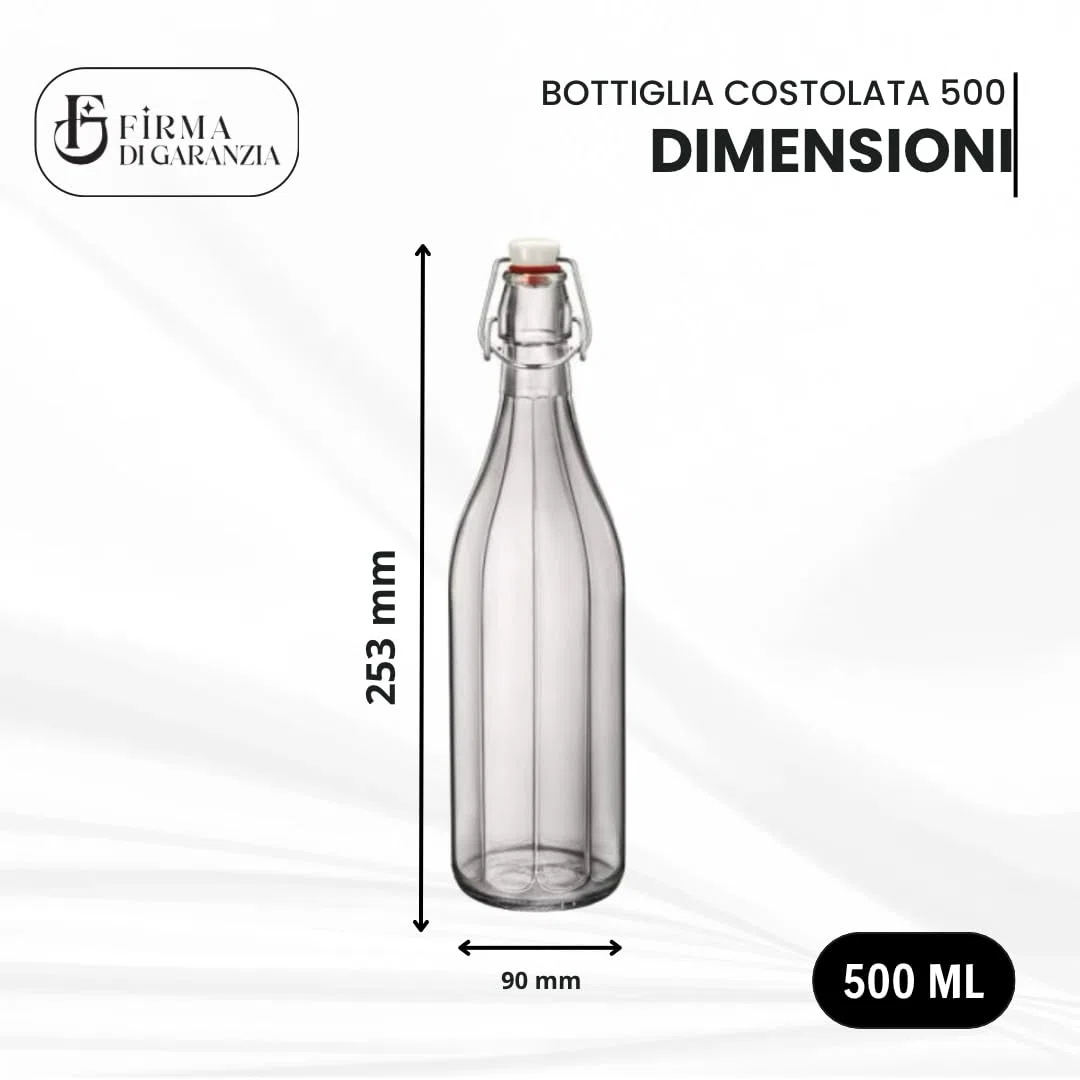 Set da 12 Bottiglia Costolata in Vetro con Tappo Ermetico da 0,5 L - Bottiglia in vetro trasparente per acqua vino e liquore con tappo meccanico e guarnizione alimentare