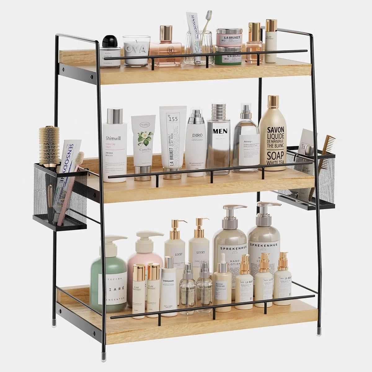 Organizzatore da Banco per il Bagno con 2 Cestini, Contenitori per Cosmetici a 3 Livelli, Piccolo Scaffale in Legno per Spezie, Organizer per Bagno, Scrivania, Ufficio, Cucina, Casa