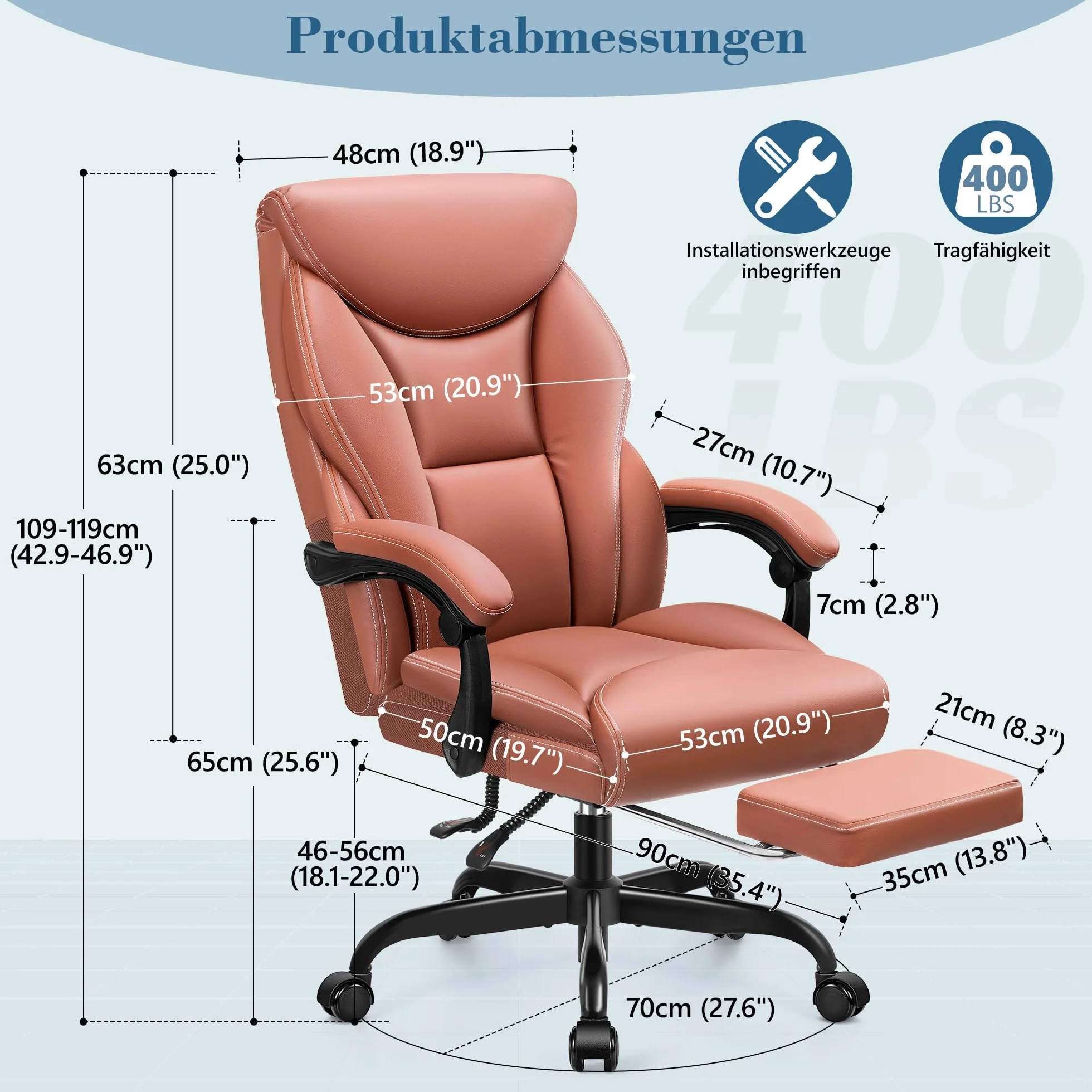 FelixKing Sedia da ufficio ergonomica in pelle PU, schienale alto, sedia da computer inclinabile con poggiapiedi, supporto lombare, regolabile in altezza (marrone opaco)