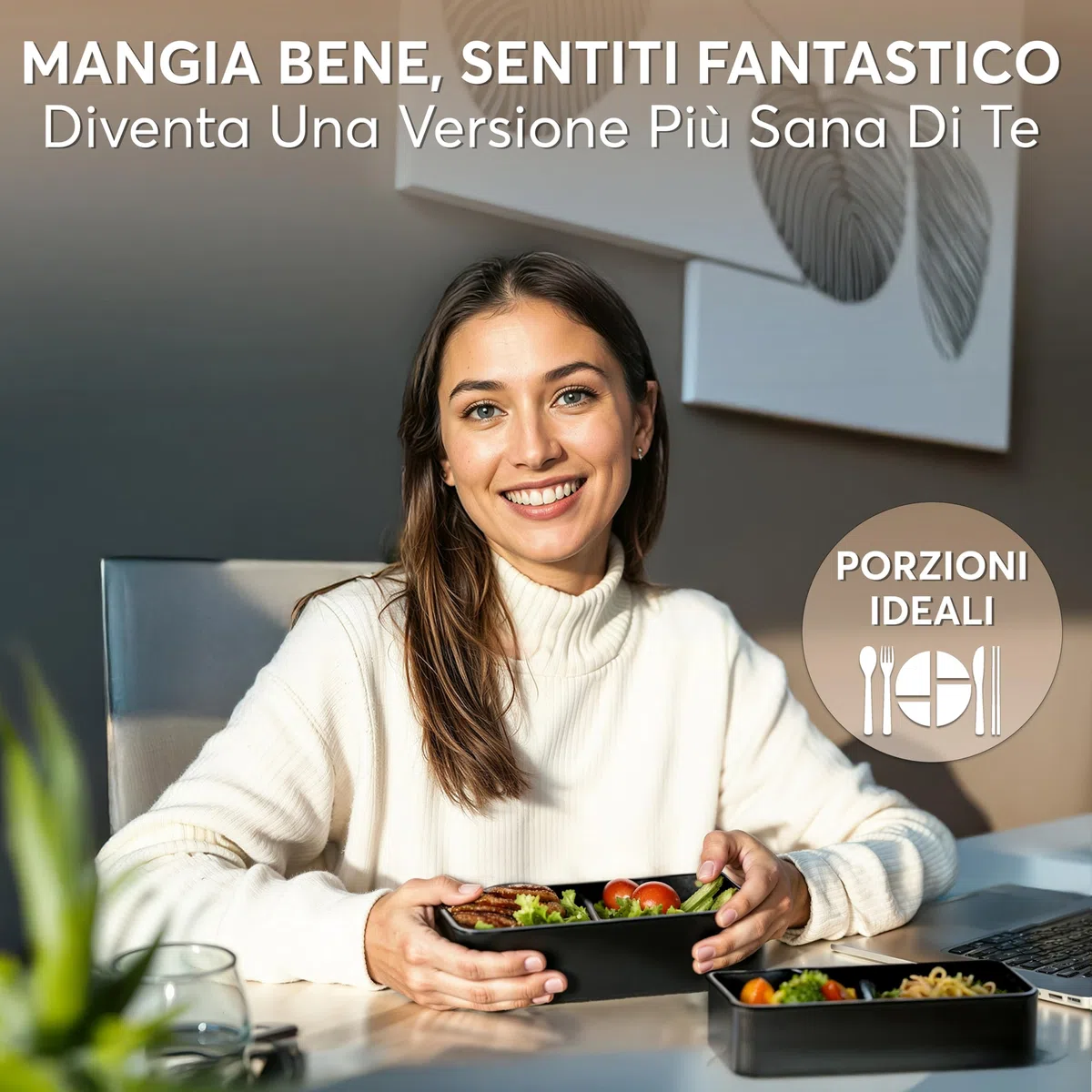 Umami Porta Pranzo Lunch Box Ermetico 4 Scomparti e Posate, Sicuro per Microonde, Lavastoviglie, Portapranzo Ufficio Bento Lunchbox Prova di Perdite per Adulti Schiscetta Pranzo, Nero E Beige, 1200 ml