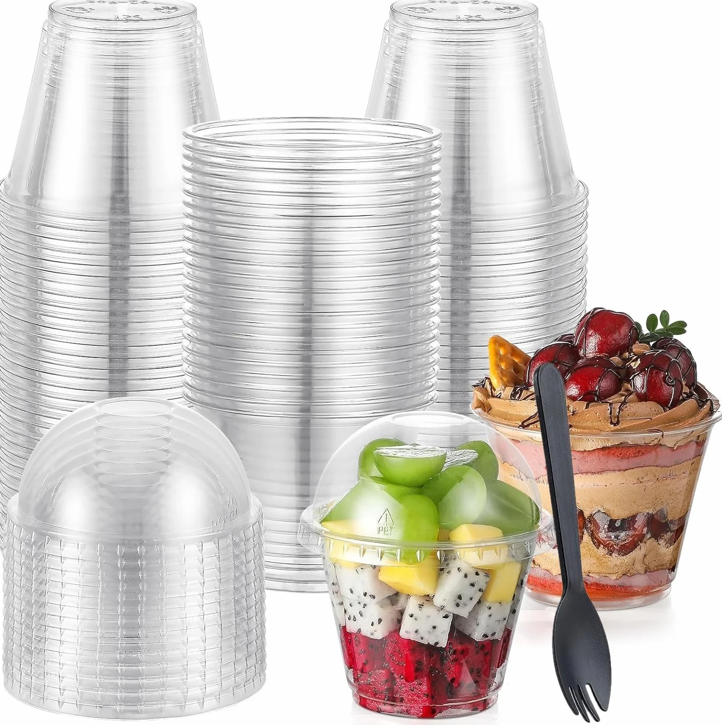 LATERN 50 Pezzi Bicchieri da Dessert in Plastica con Coperchi a Cupola, 270ml Rotonde Tazze da Dessert Coppa Trasparente per Antipasti Parfait Ciotola da Portata Riutilizzabile con Forchette