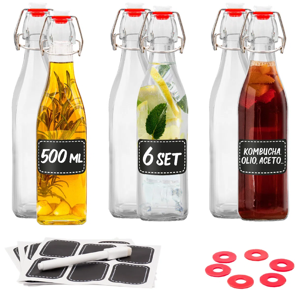 Praknu 6 Bottiglie Vetro 500ml con Tappo Ermetico - 6 Etichette e Penna - 6 Guarnizioni Extra - per Liquore, Olio, Birra & Vino