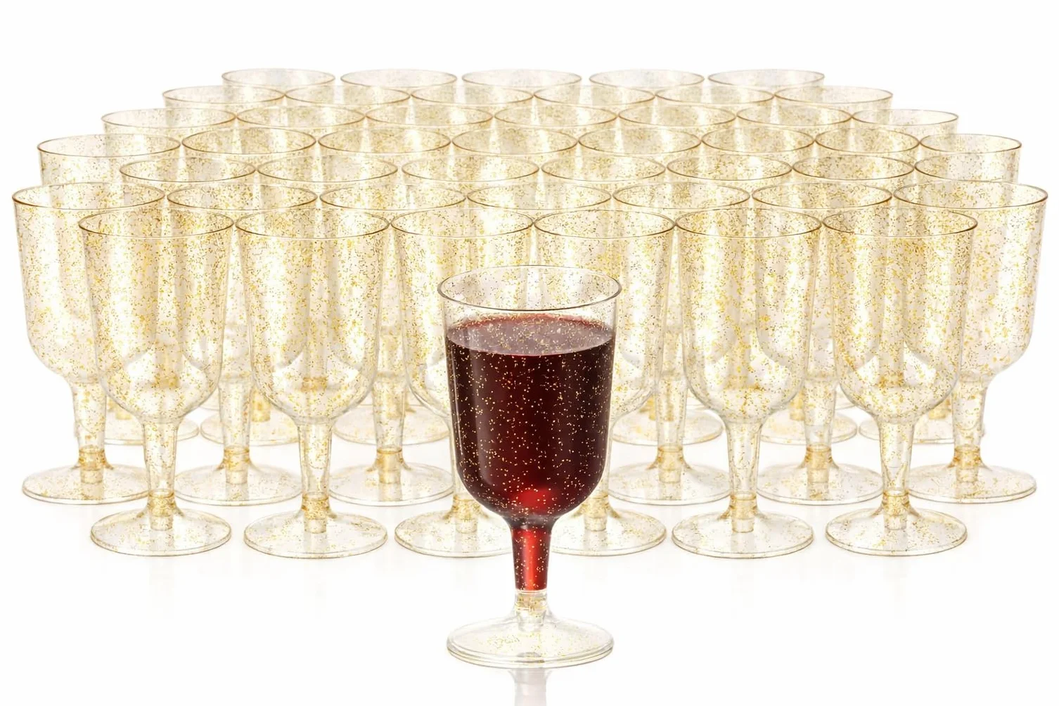 Matana 50 Eleganti Bicchieri da Vino in Plastica Rigida Trasparente con Glitter Dorati, 180ml - Resistenti e Riutilizzabili - Calici in Plastica per Vino per Compleanni, Matrimoni, Natale, Feste