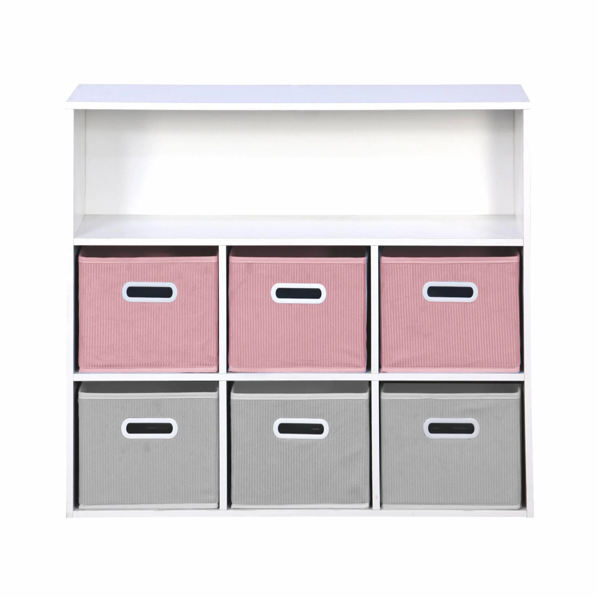 Libreria per bambini con 6 cestini in velluto, Camille, Rosa, 129.5x76.2x70 cm