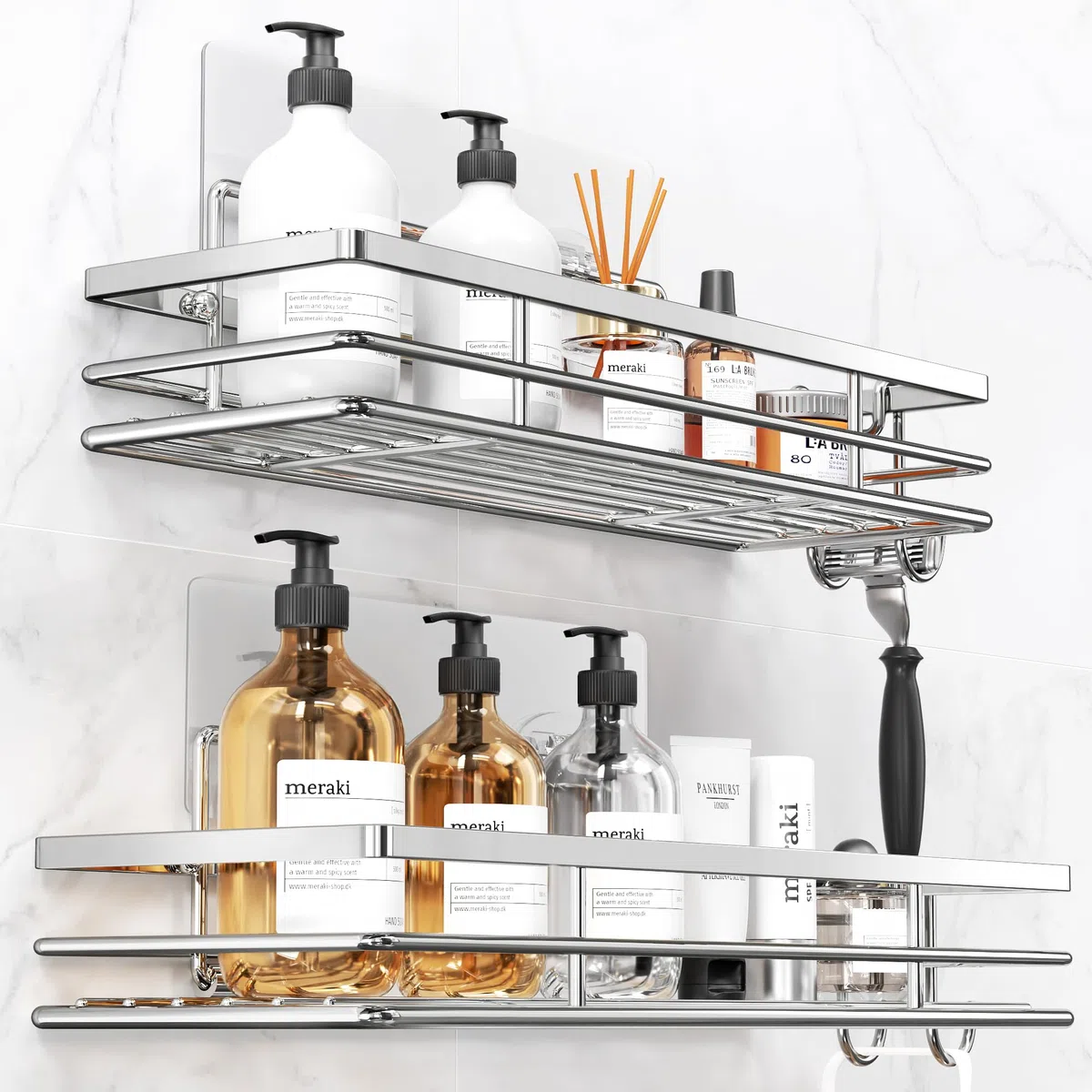 Pickpiff Mensola per doccia senza foratura SUS304 in acciaio inox, 2 pezzi, mensola doccia con 2 ganci, organizer bagno, supporto per shampoo per doccia autoadesivo