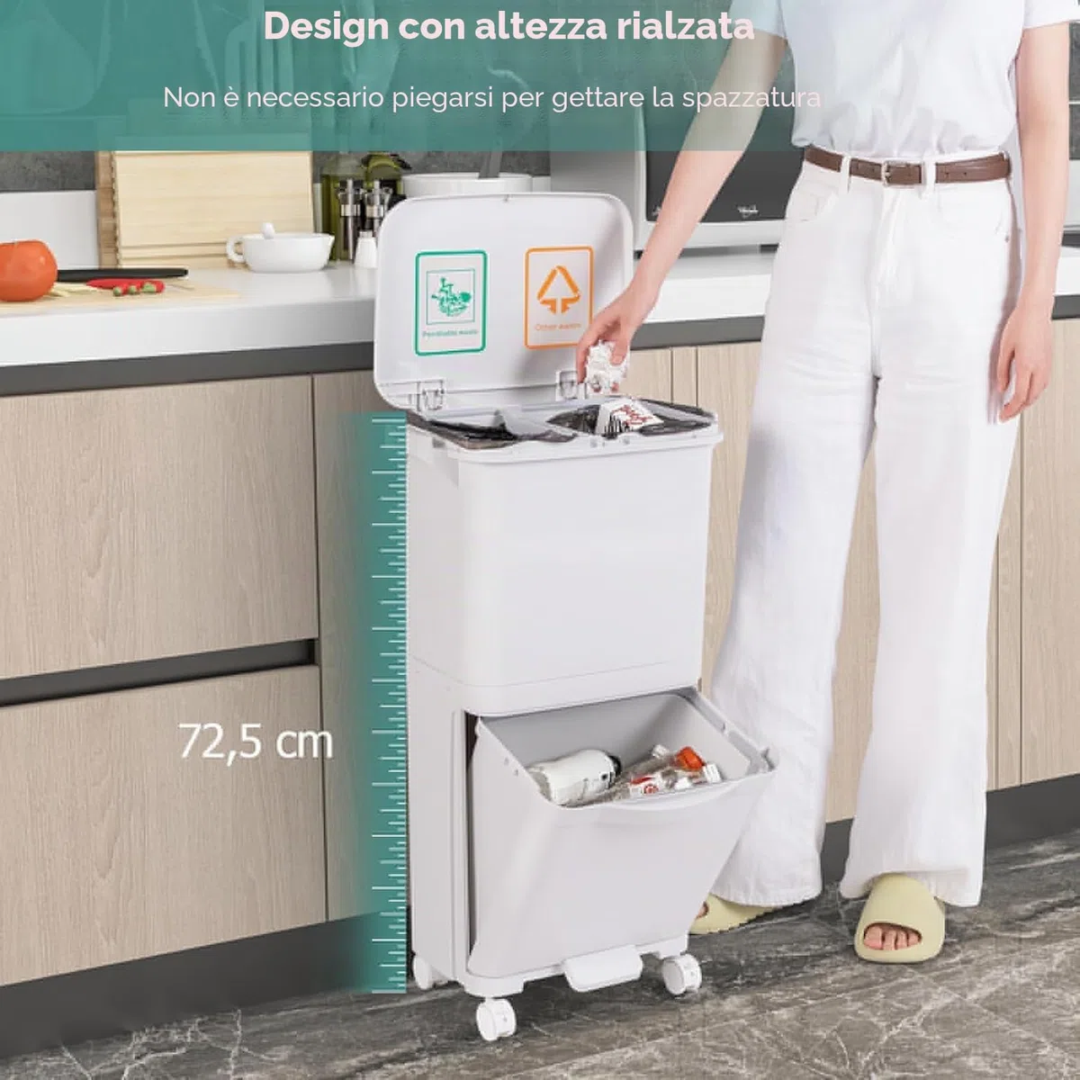 LIFEZEAL Pattumiera Differenziata a 3 Scomparti, Stretto, Coperchio a Pressione, Pedale, 4 Ruote, 2 Maniglie, Cestino Spazzatura Rimovibile, Bidoni Interno, Secchio Rifiuti, Cucina (Bianco, 40 L)