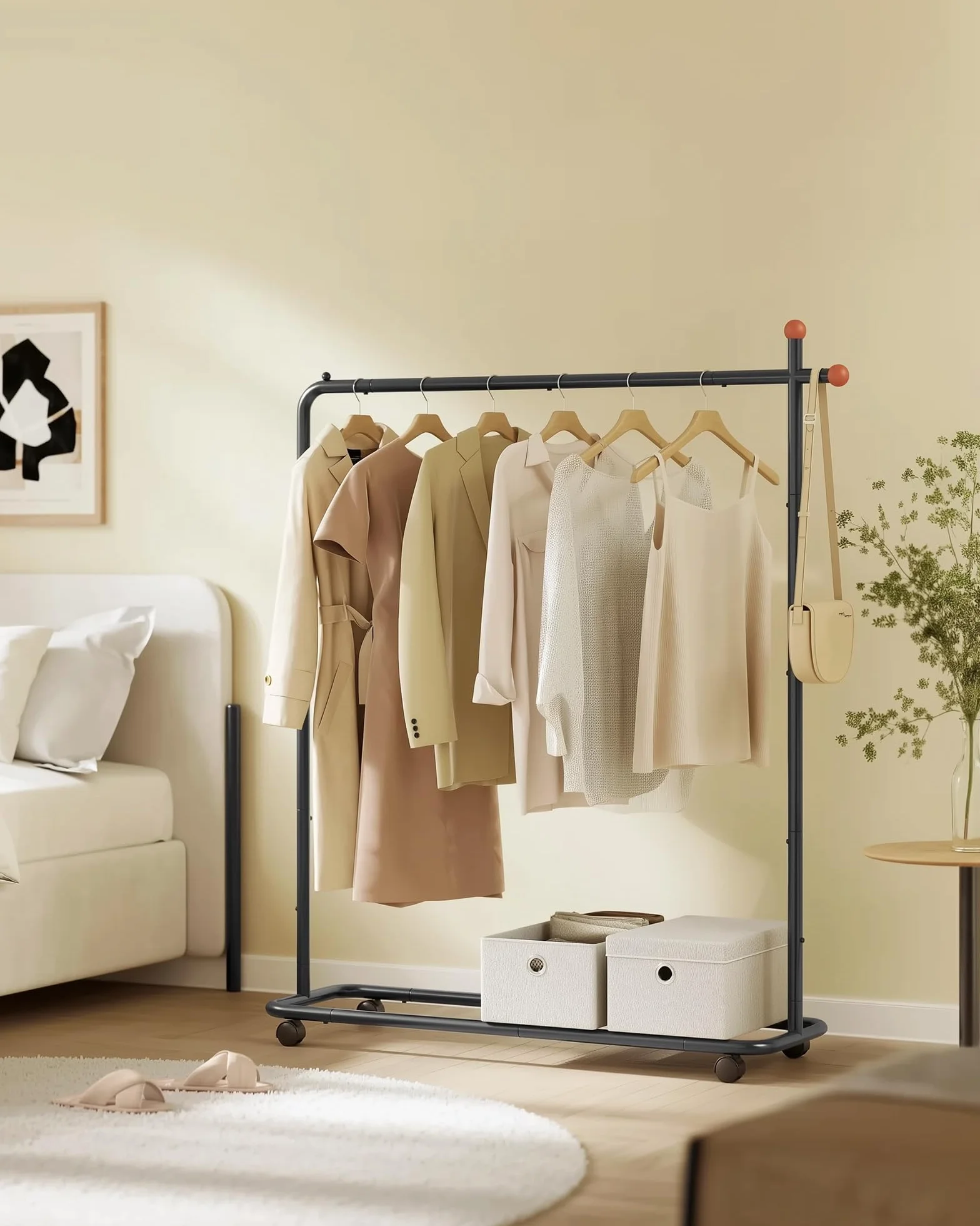 SONGMICS HOME Stand Appendiabiti, Attaccapanni in Metallo con Ruote, 1 Barra Appendiabiti, Ganci a Forma di Fiammifero, Nero Inchiostro HSR170B01