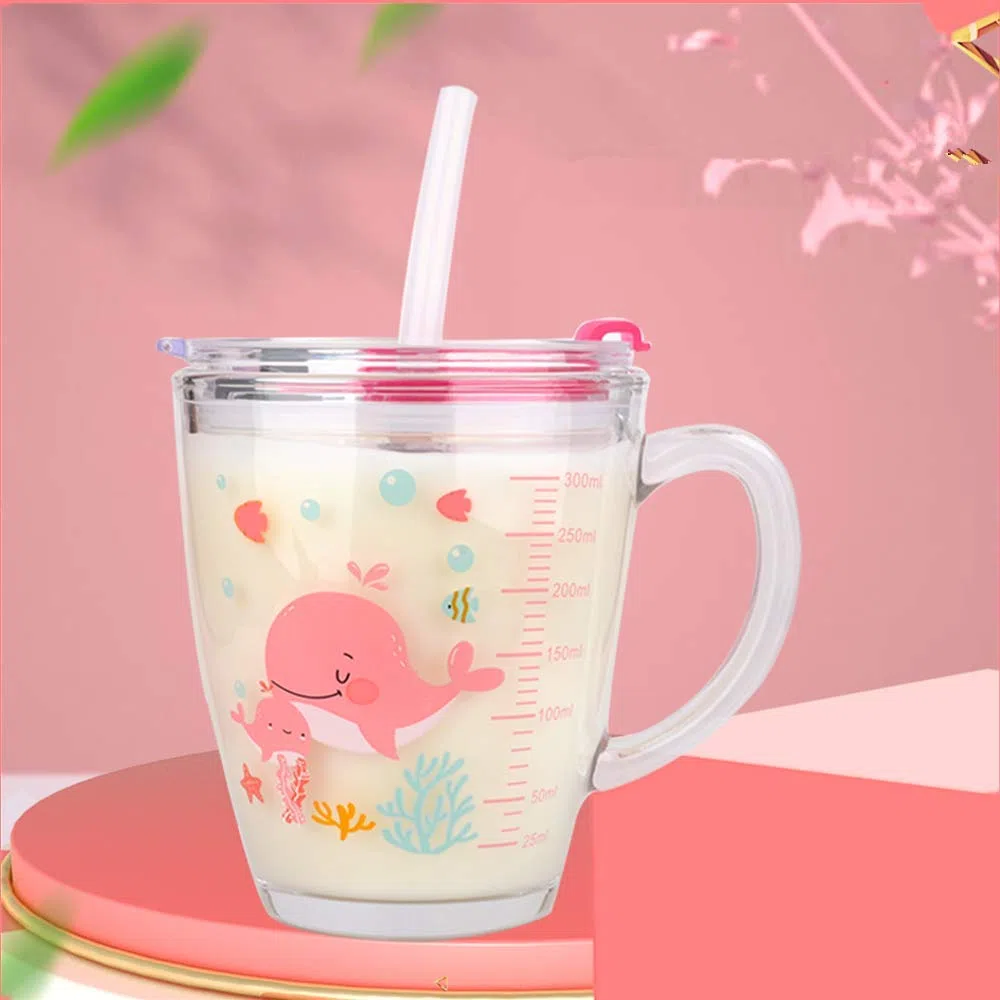 Bicchiere da latte in vetro con misura, misurino con coperchio e cannuccia in silicone per bambini, 350 ml, resistente al calore, in vetro temperato per microonde, succo di latte