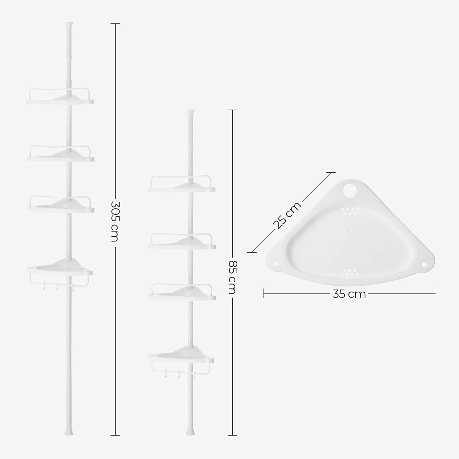 SONGMICS Mensola Doccia Telescopica e Regolabile, 4 Ripiani, Scaffale Angolare Bagno, Altezza 85-305 cm, Bianco BCB001A