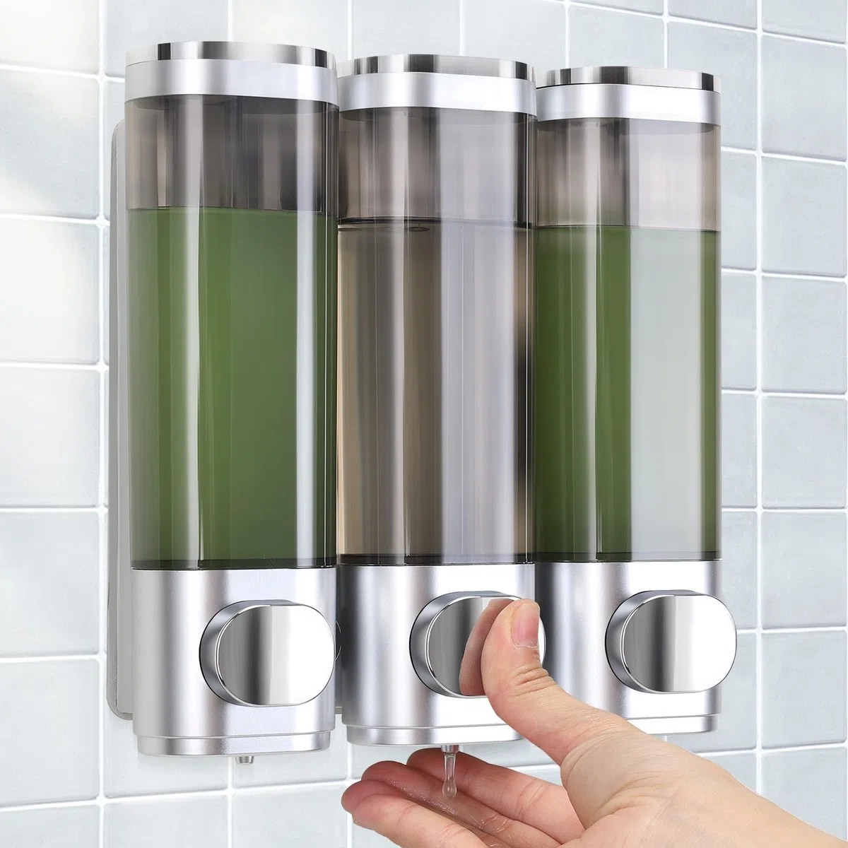 Set di 3 dispenser per sapone, fissaggio a parete, senza foratura, distribuzione uniforme del liquido, anti-perdite, adatto per shampoo, gel doccia, sapone liquido, balsamo, argento