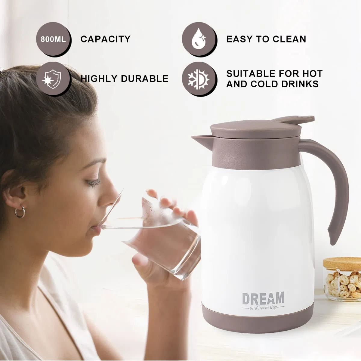Caraffe per te e caffè,800 ml Caraffa termica da caffè in acciaio inossidabile, isolata sotto Vuoto, con Coperchio a Pressione,conservazione a Freddo o Caldo per più di 12 ore