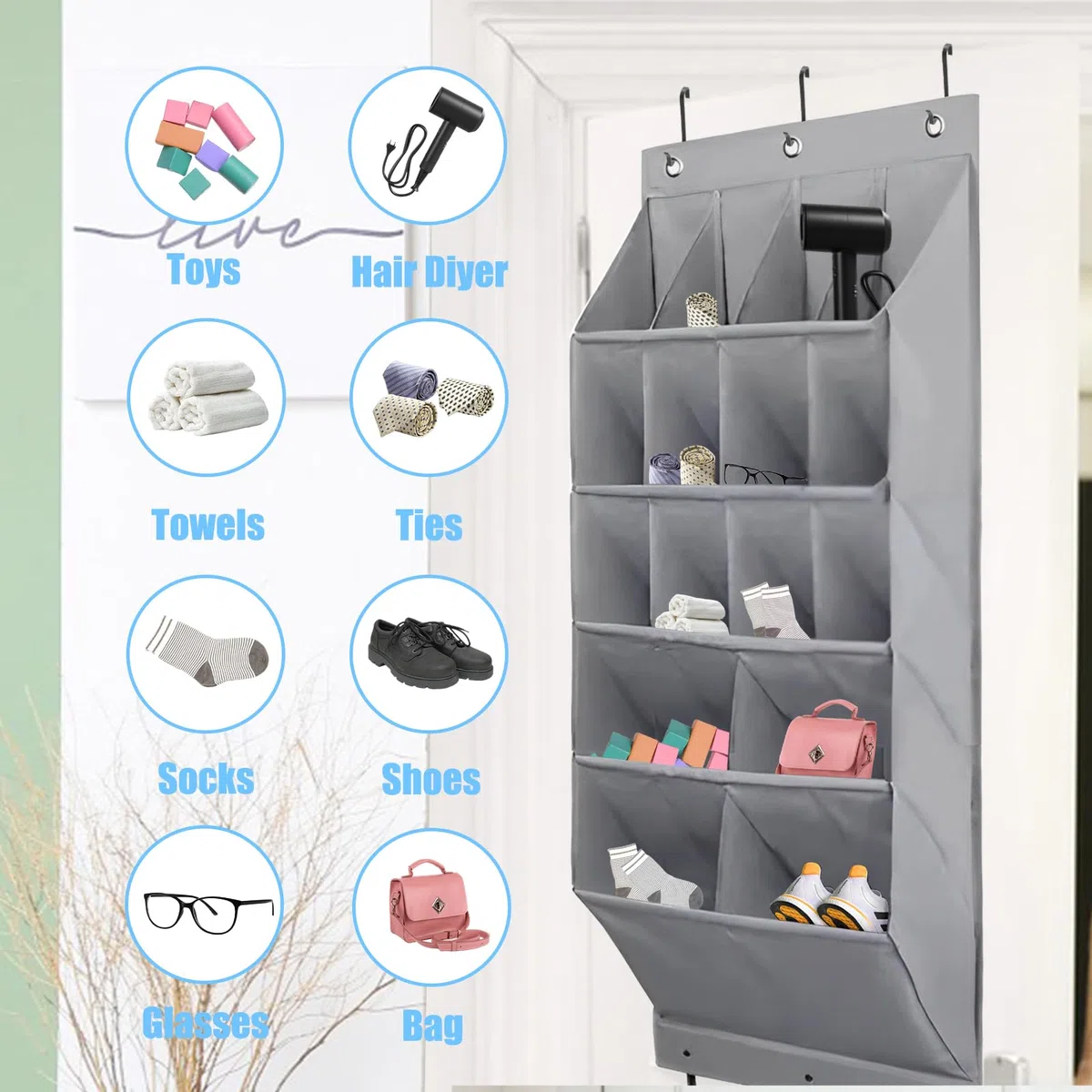 1 confezione organizer per scarpe da appendere sopra la porta scarpiera con 16 tasche portascarpe per armadio e dormitorio, organizer per scarpe (grigio)