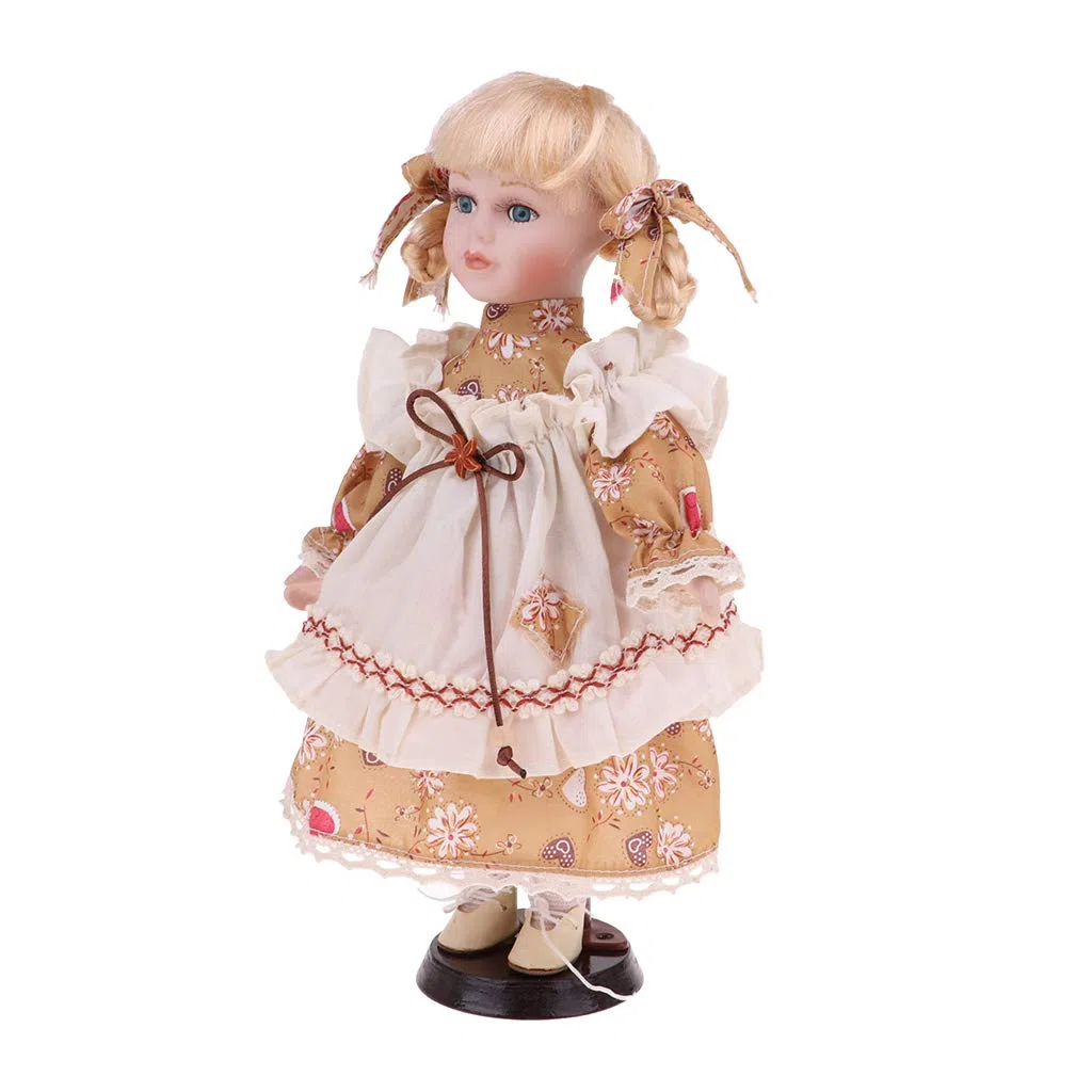 Bambola in Porcellana 30 Cm, Vintage Persone con Abito Giallo da Collezione